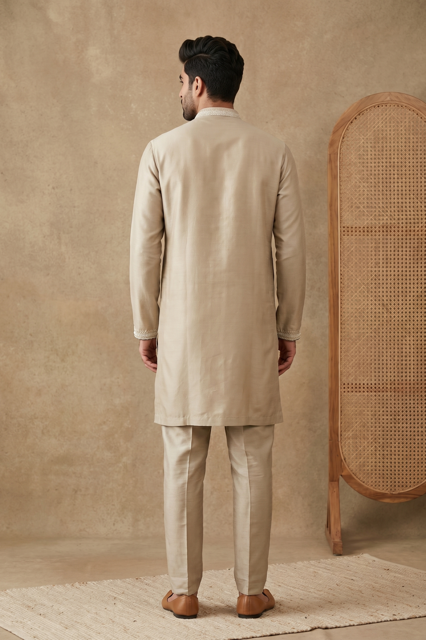 Light Gold Chanderi Silk Kurta Set with Thread Work