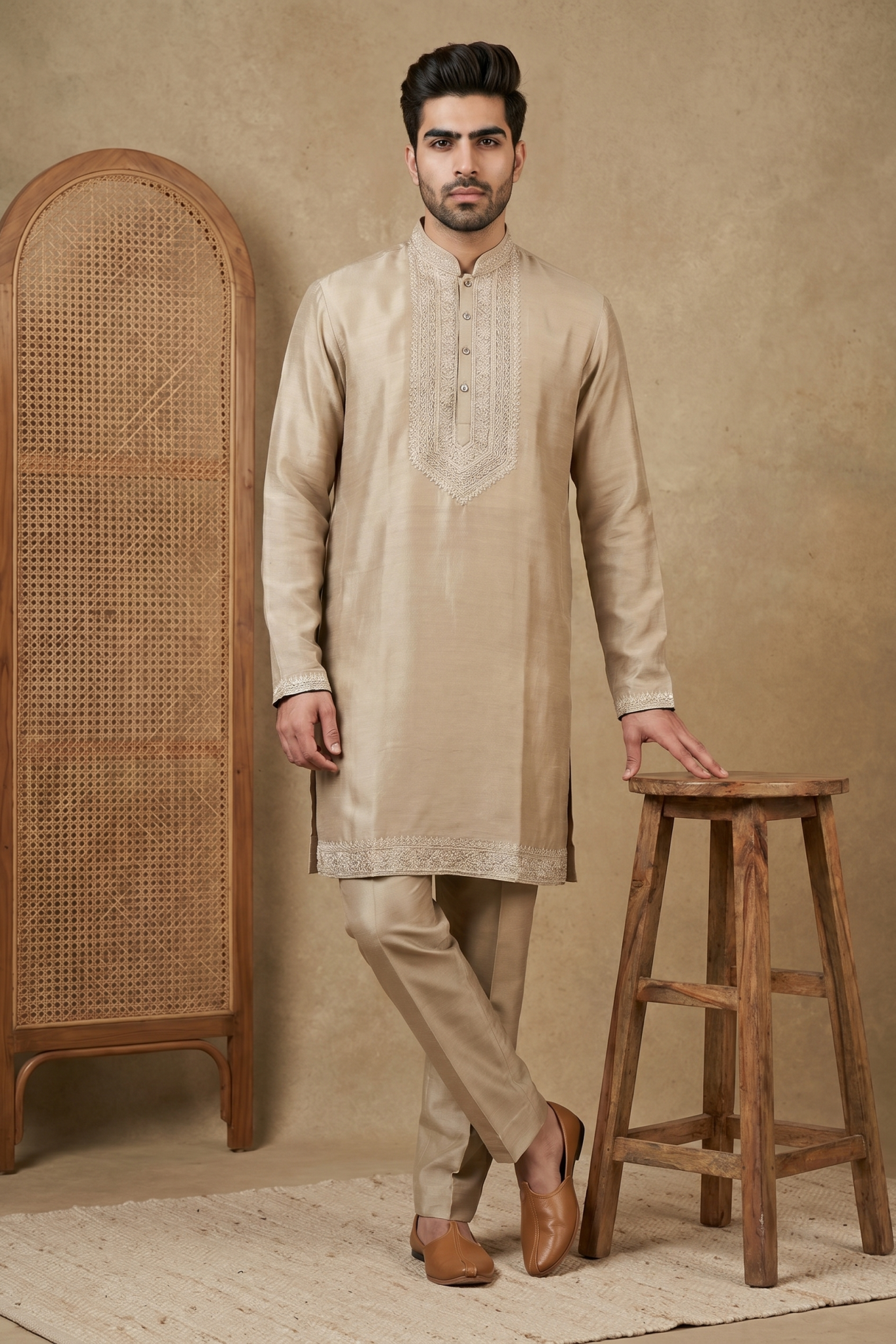 Light Gold Chanderi Silk Kurta Set with Thread Work