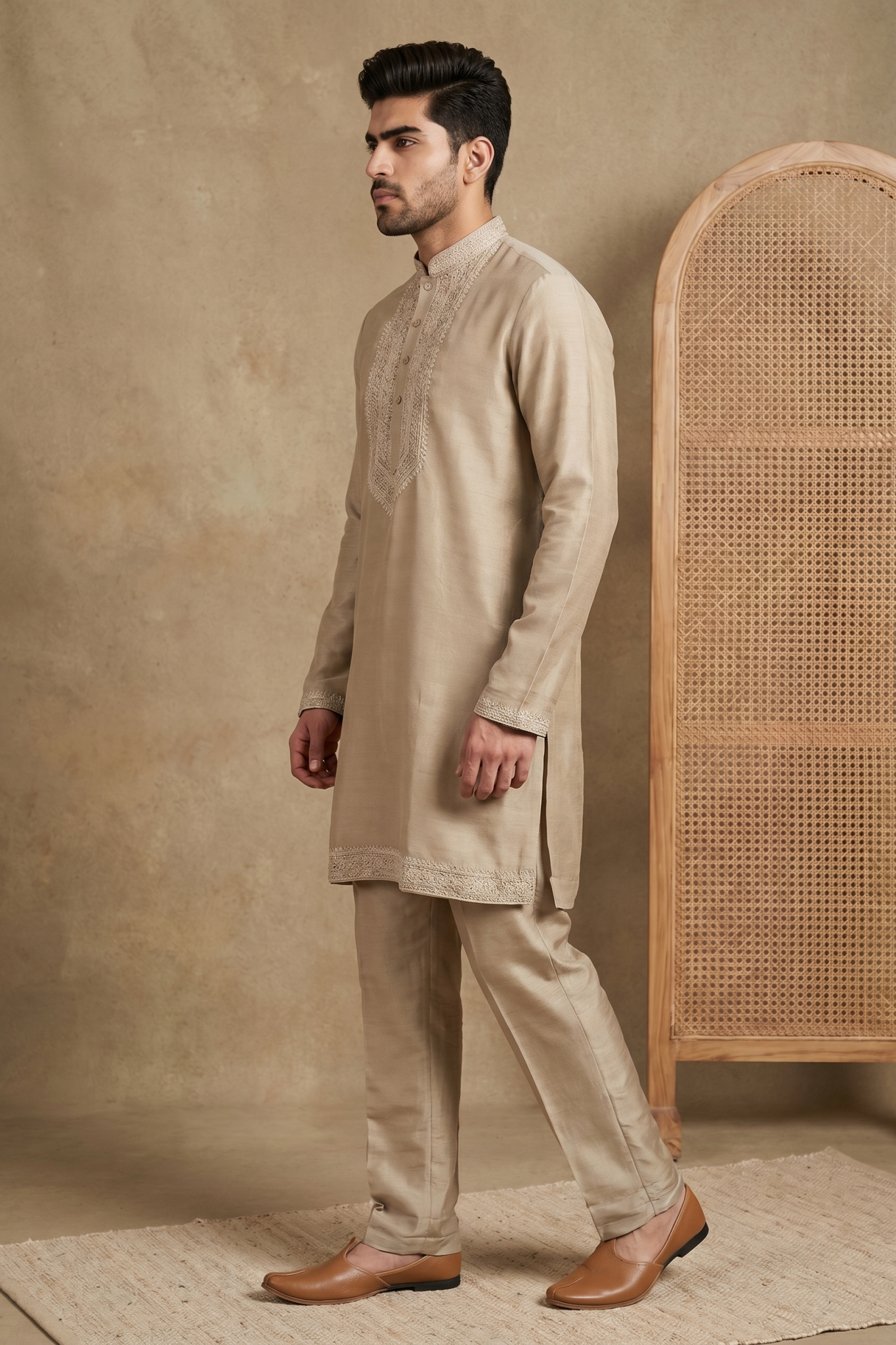 Light Gold Chanderi Silk Kurta Set with Thread Work