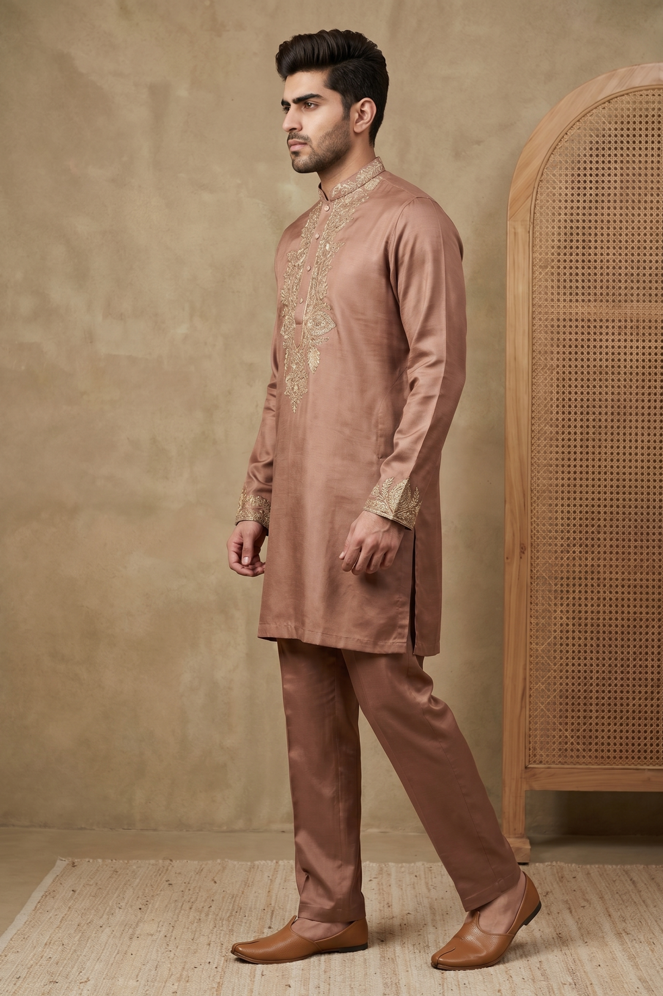 Onion Pink Nysa Silk Kurta Set with Zari, Cutdana and Sequin Work