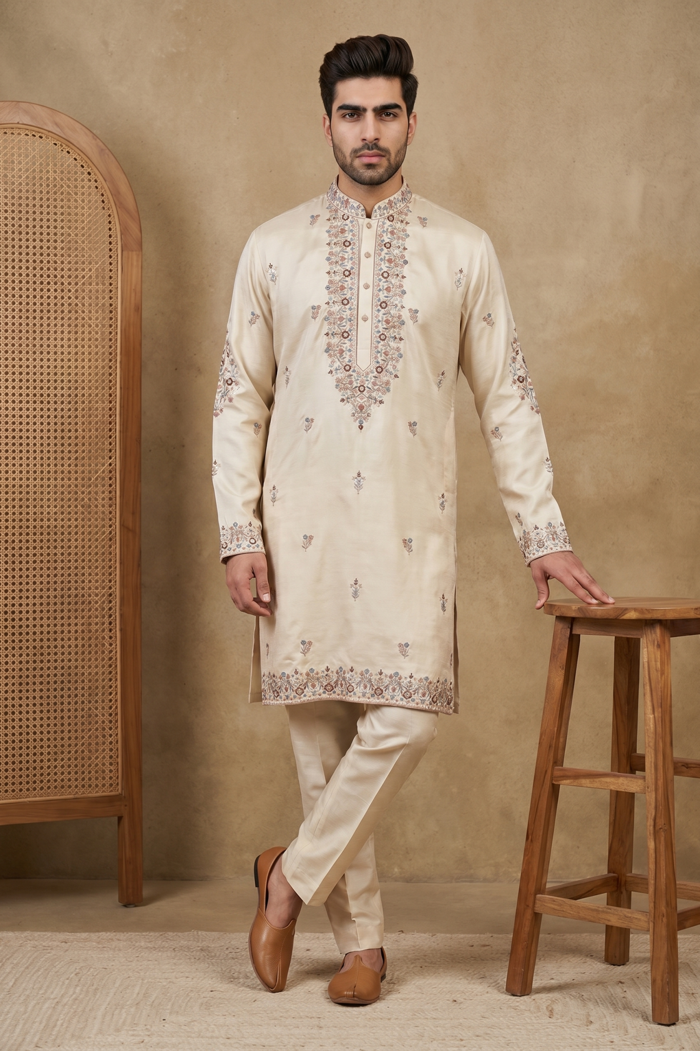 Cream Nysa Silk Kurta Set with Multicolour Thread Embroidery