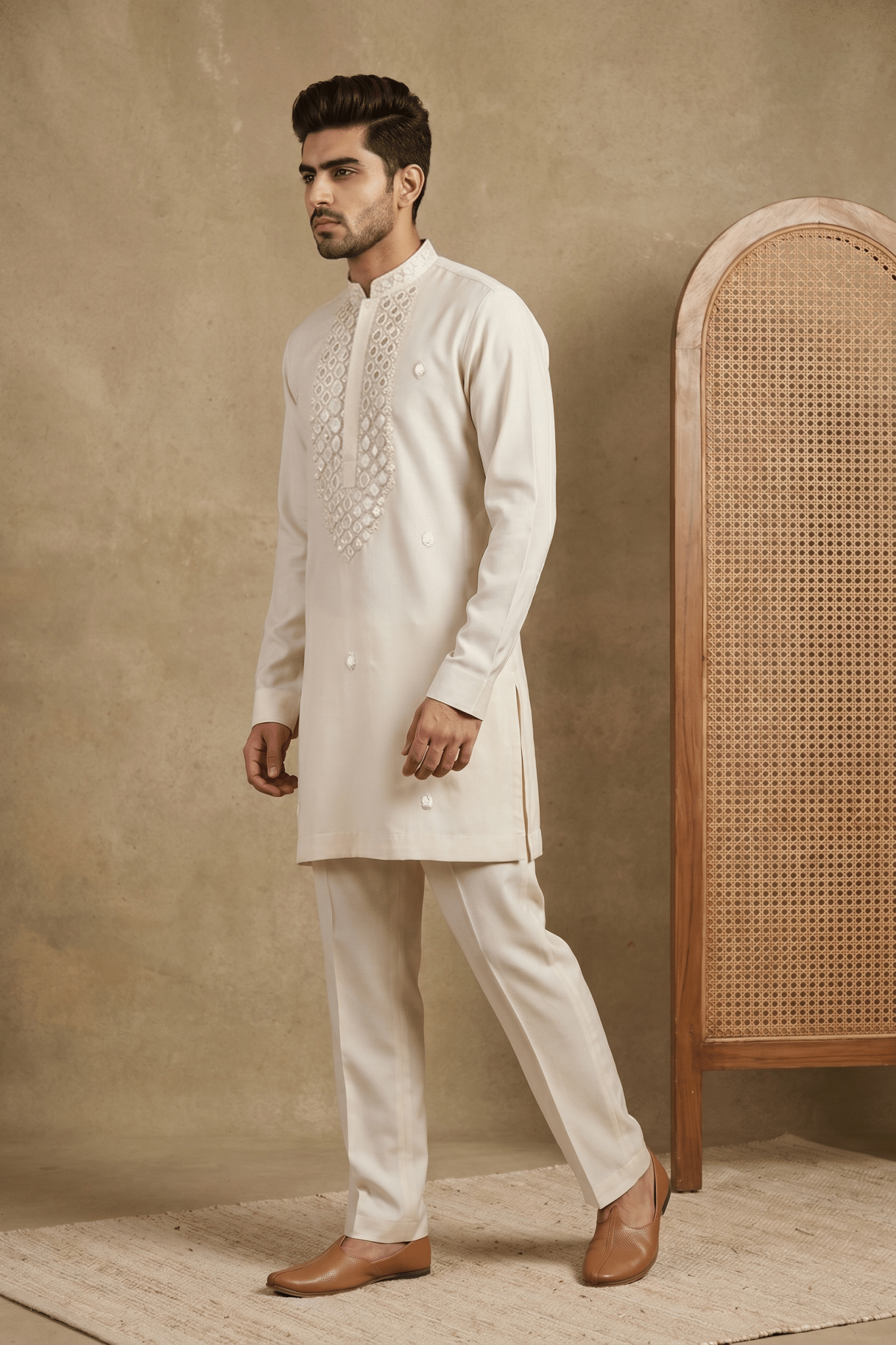 Cream Bom Mario Kurta Set with Pearl Work