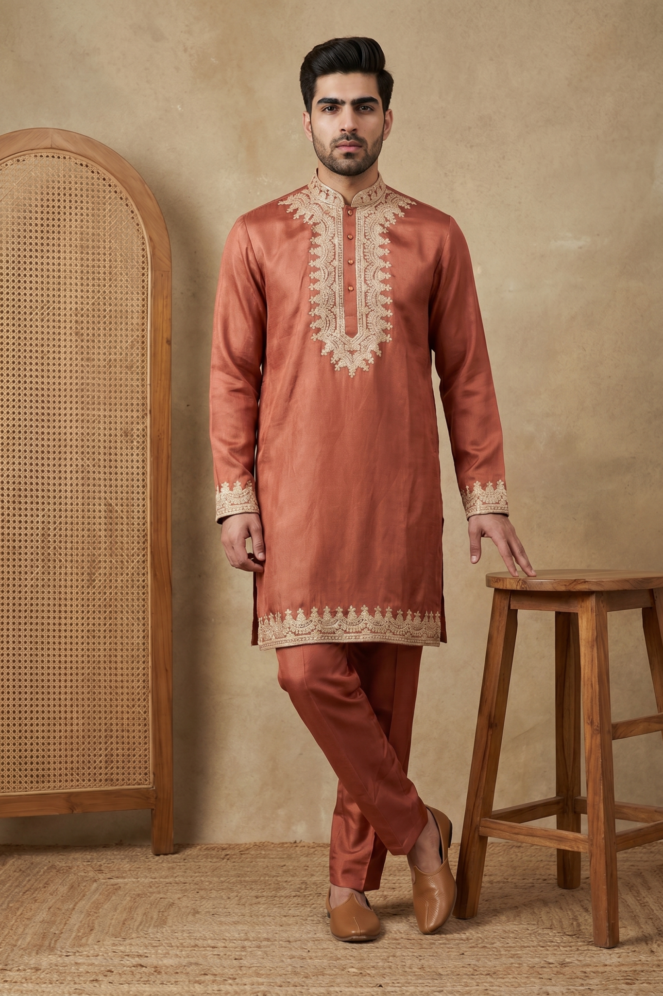 Rust Nysa Silk Kurta Set with Zari Work