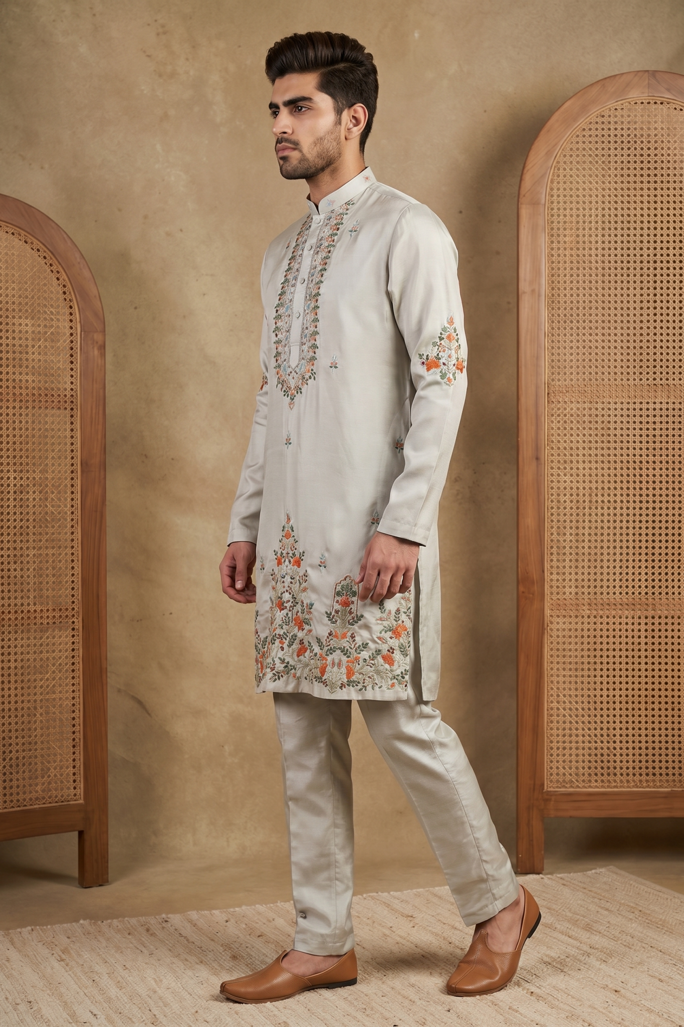 Light Grey Nysa Silk Kurta Set with Cutdana Bead Embroidery