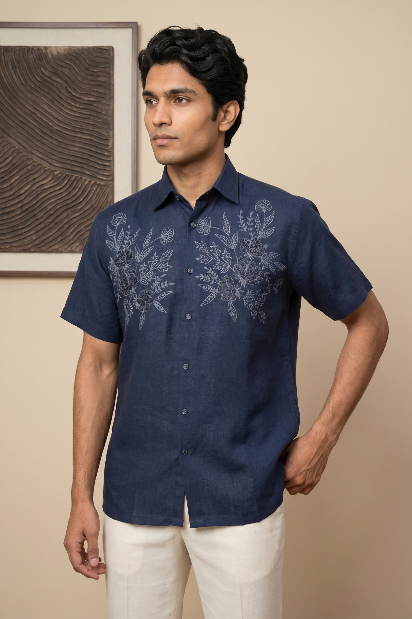 Blue Linen Shirt with Thread Work