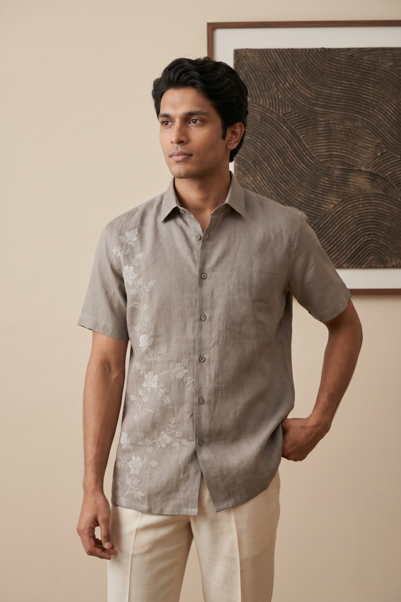 Light Brown Linen Shirt with Thread Work