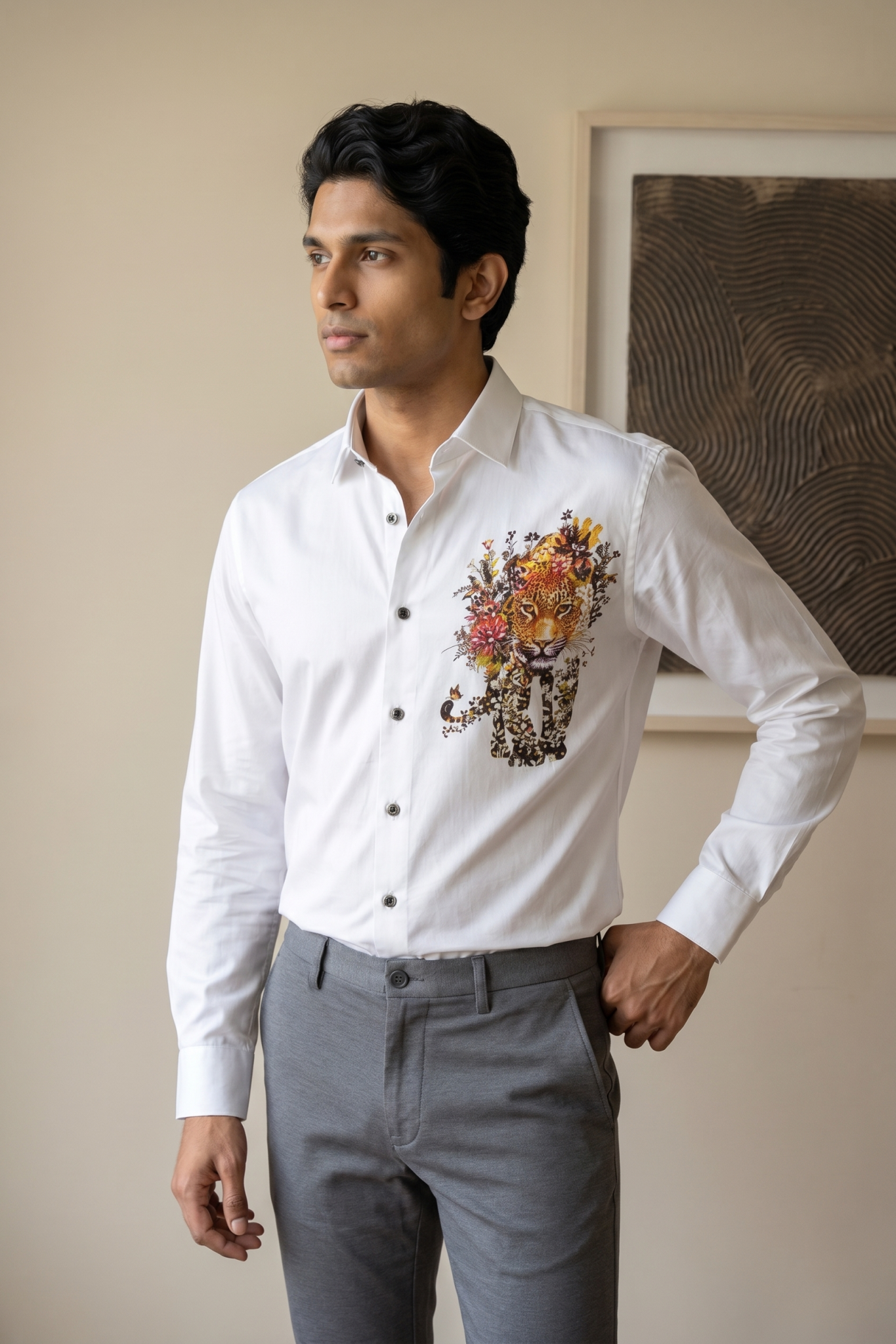 White Cotton Shirt with Lion Print and Pearl Work