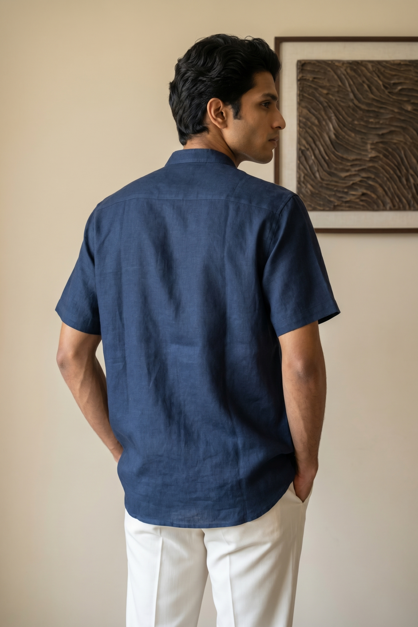 Blue Linen Shirt with Thread Embroidery