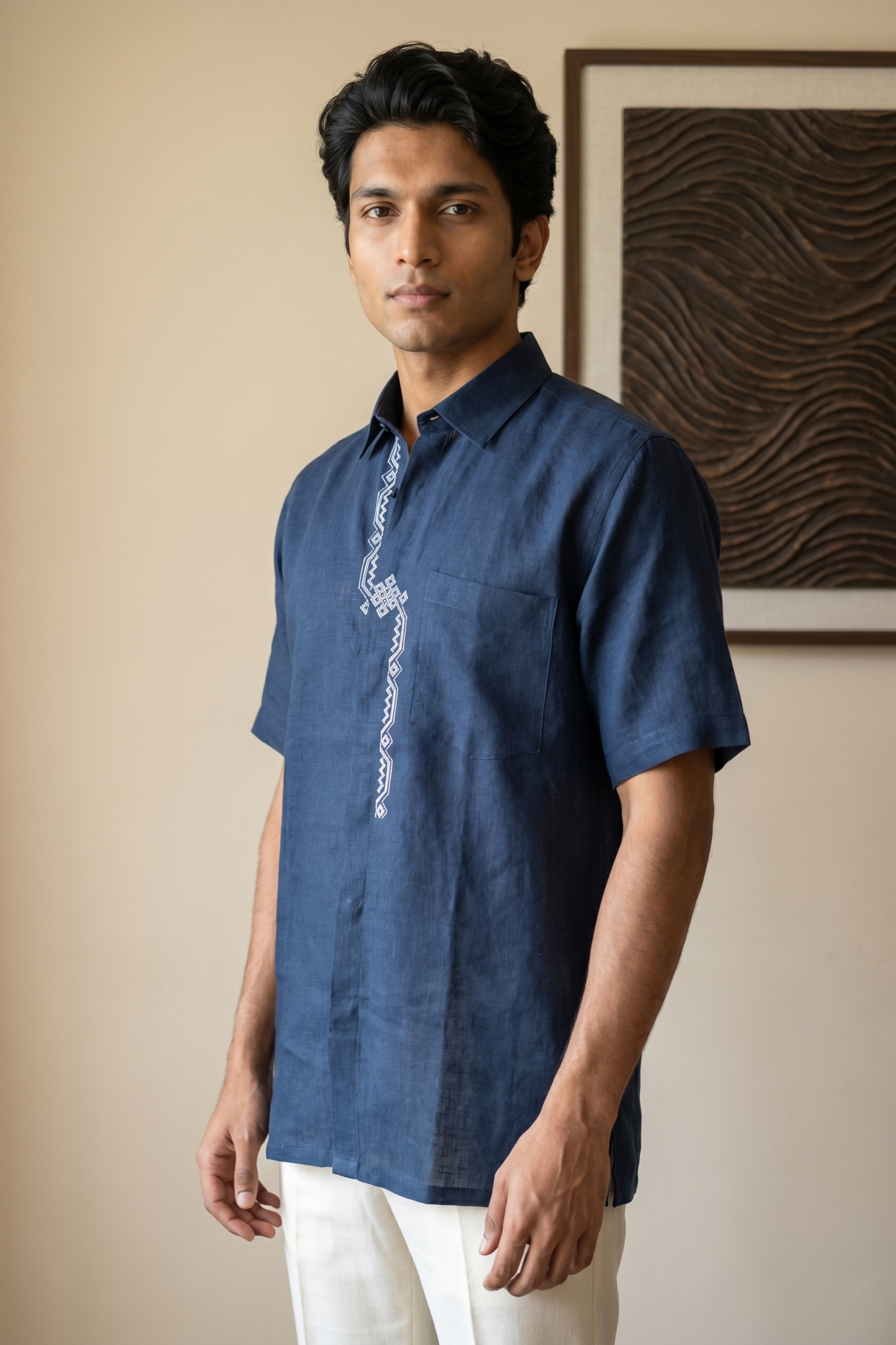 Blue Linen Shirt with Thread Embroidery