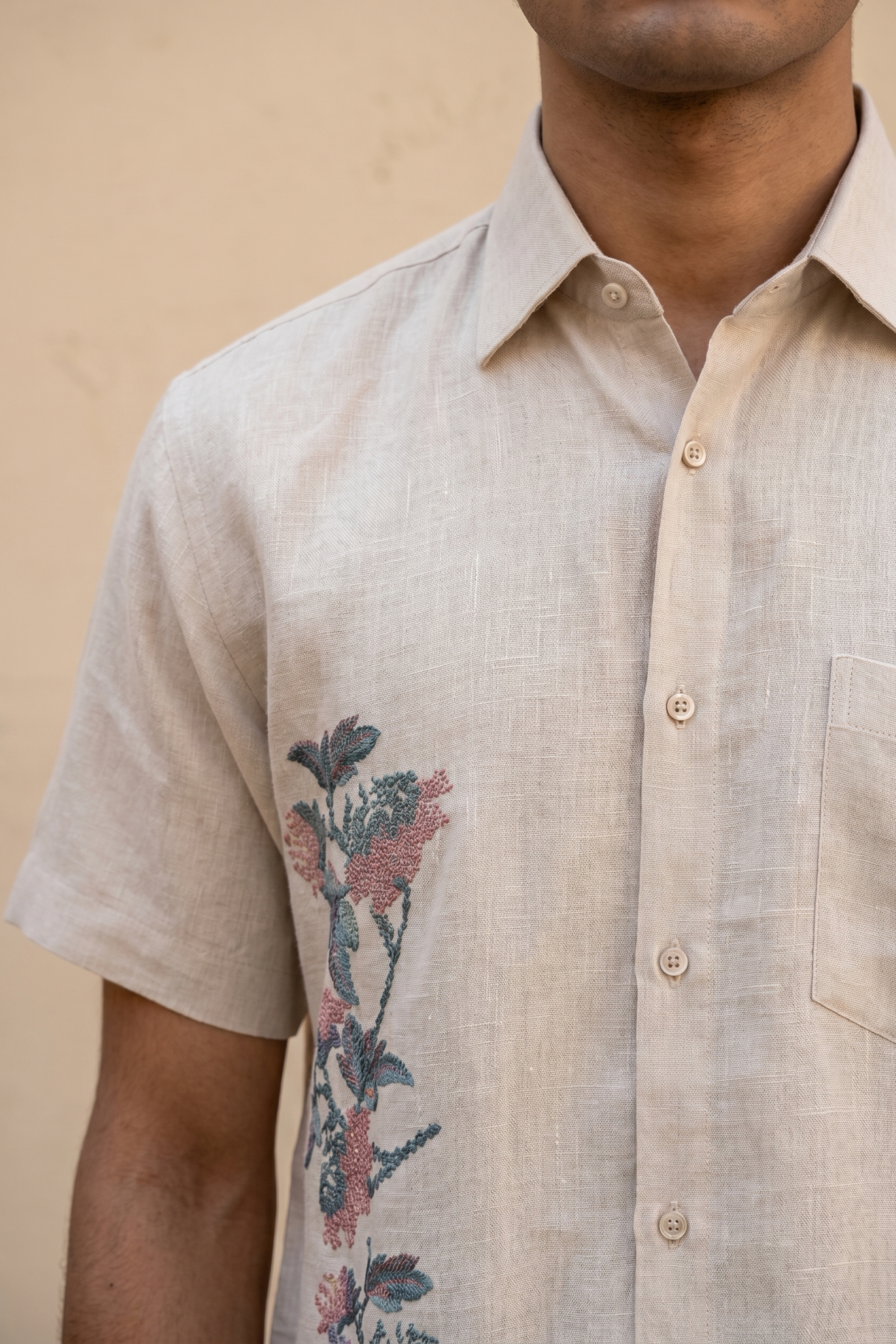 Light Peach Linen Shirt with Thread Work