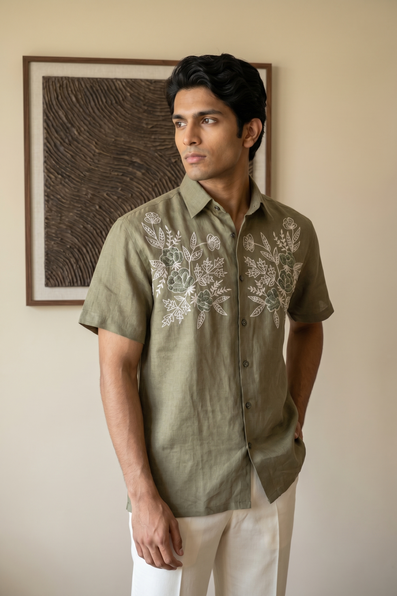 Light Green Linen Shirt with Thread Work