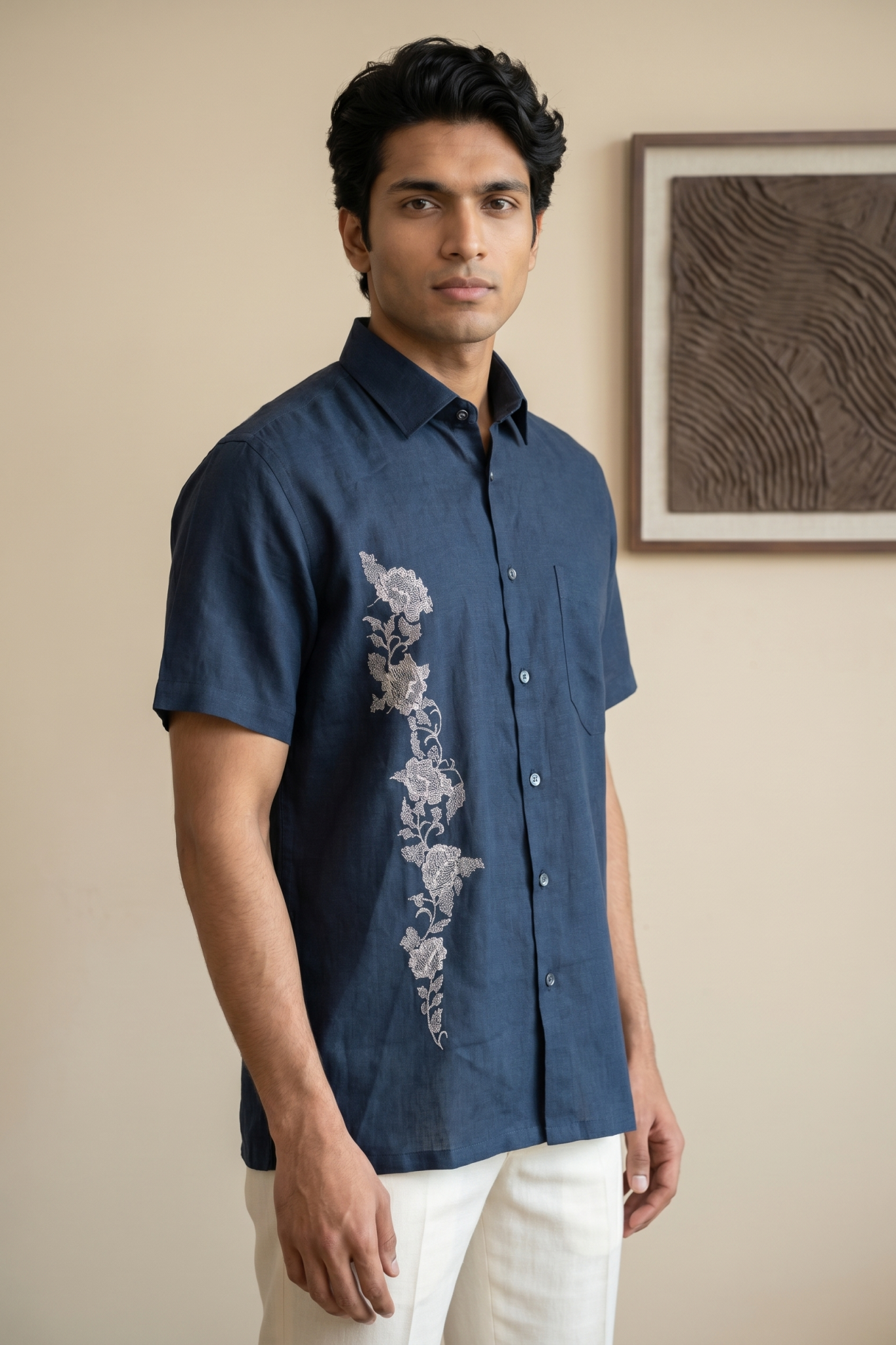 Blue Linen Shirt with Thread Work