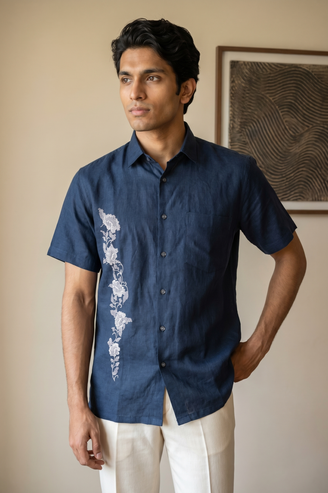 Blue Linen Shirt with Thread Work