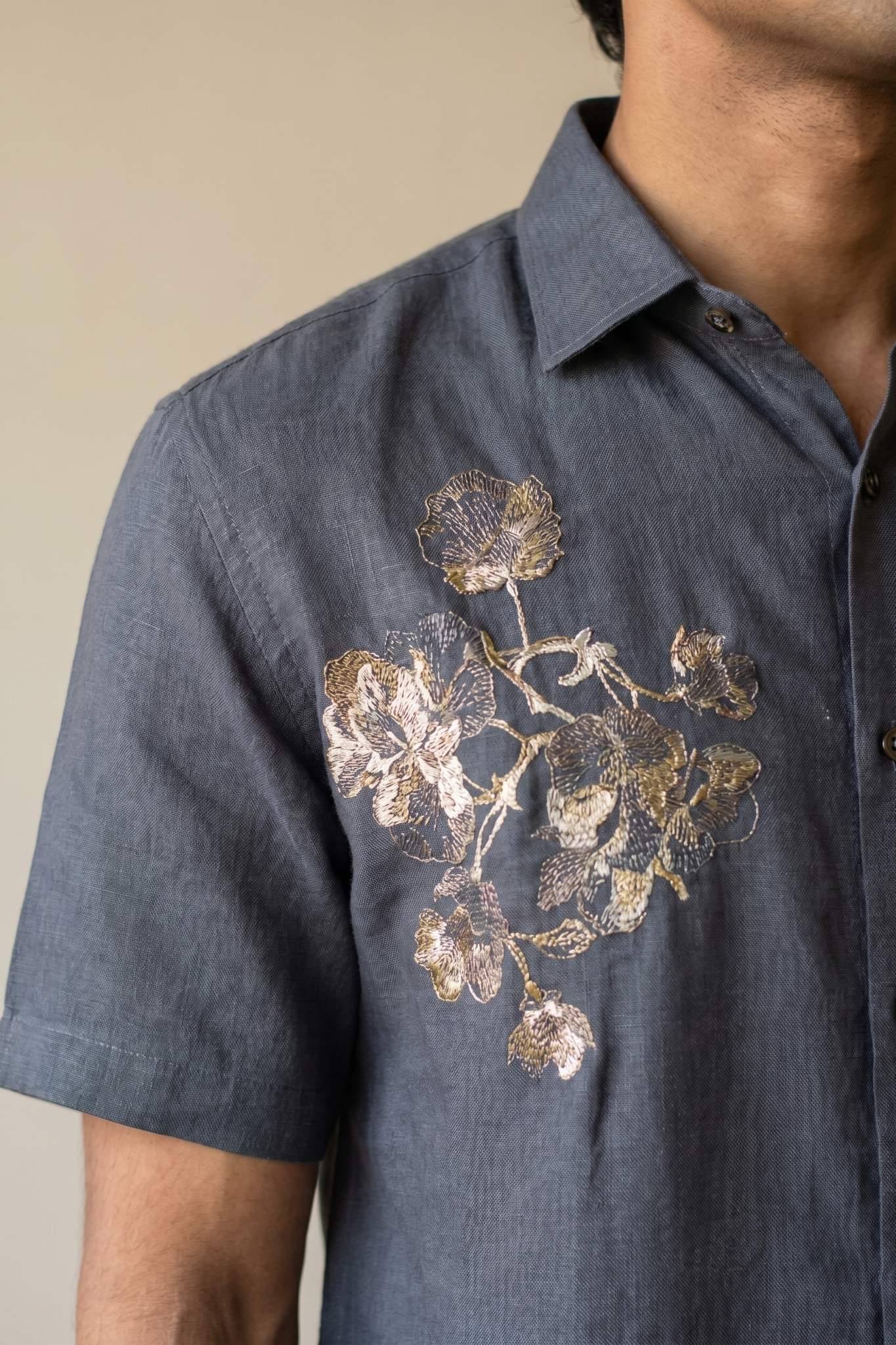 Dark Grey Linen Shirt with Thread Work