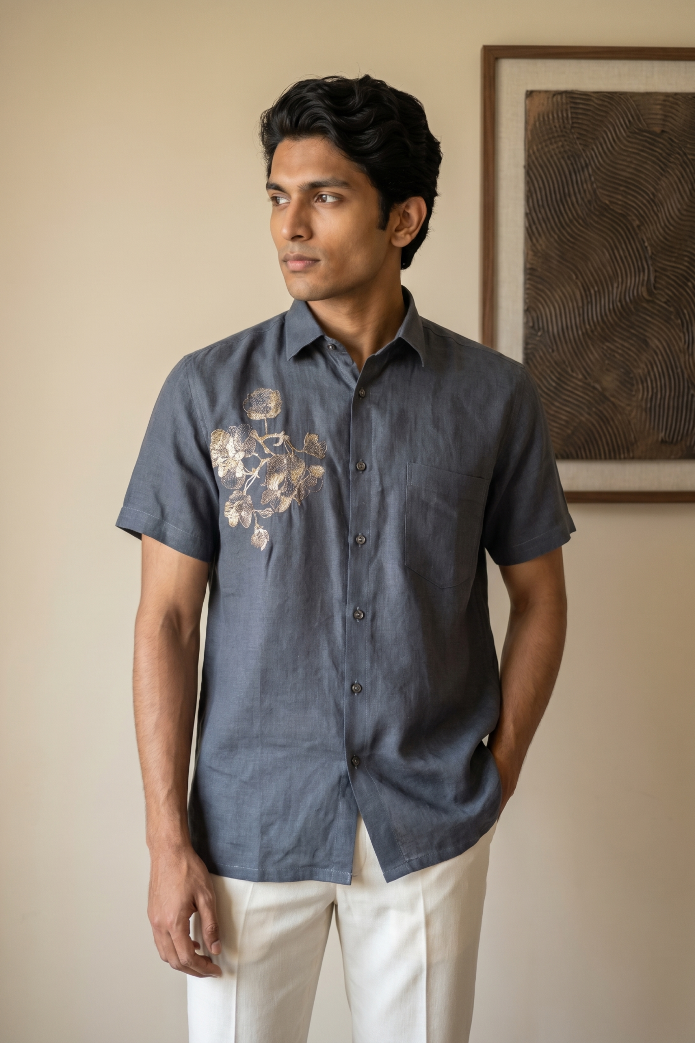 Dark Grey Linen Shirt with Thread Work