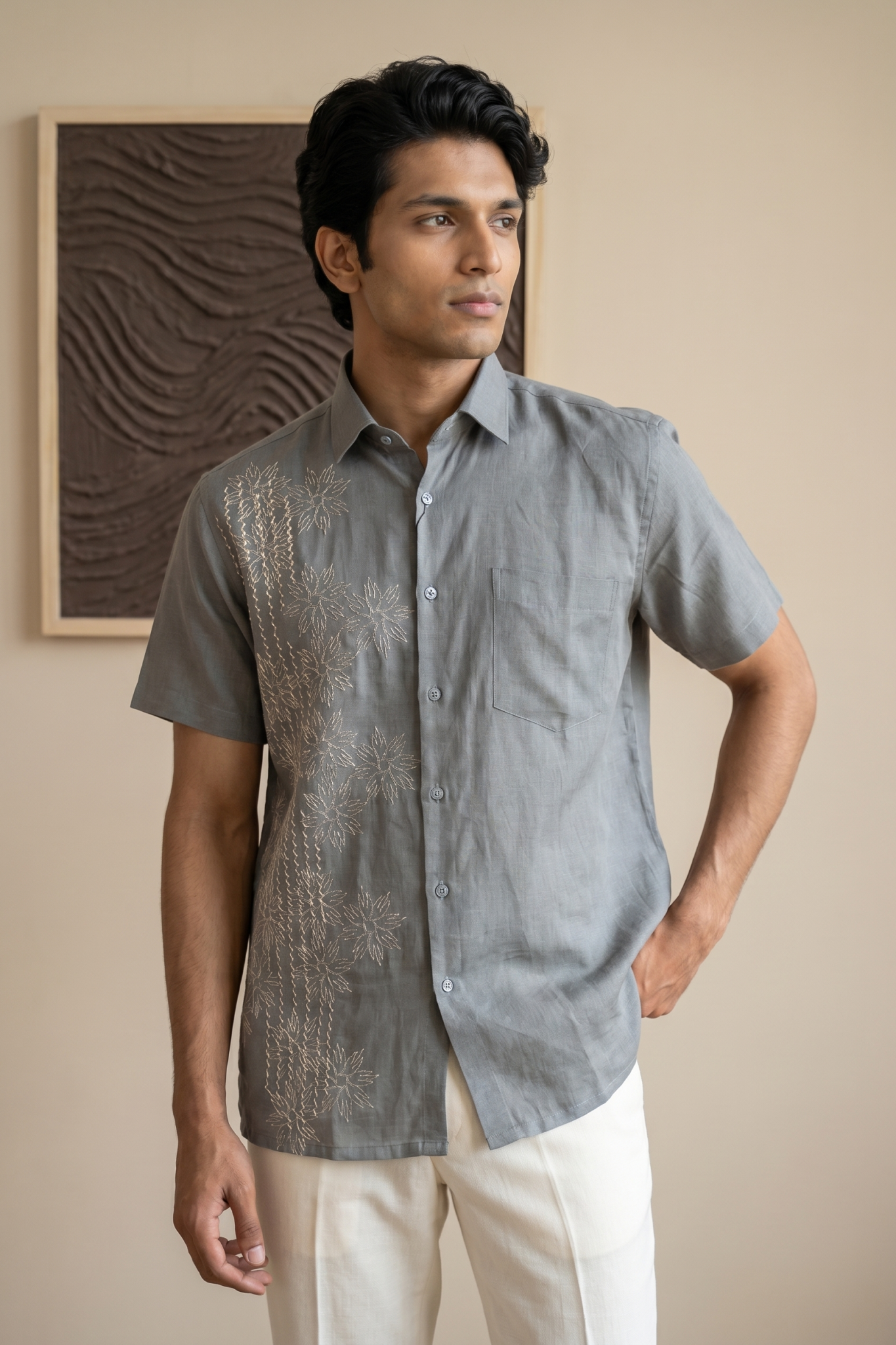 Light Grey Linen Shirt with Thread Work