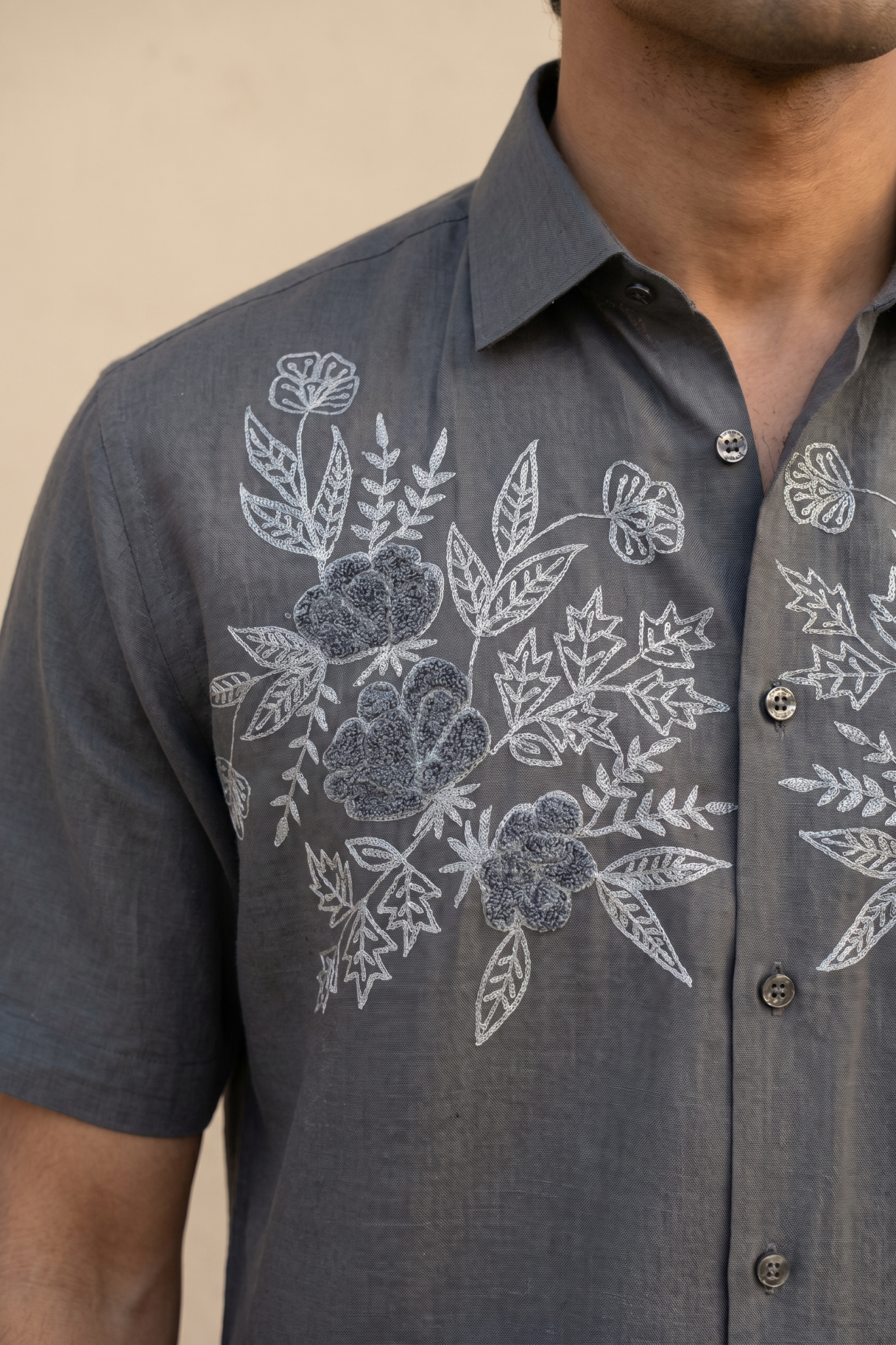 Grey Linen Shirt with Embroidered Thread Work