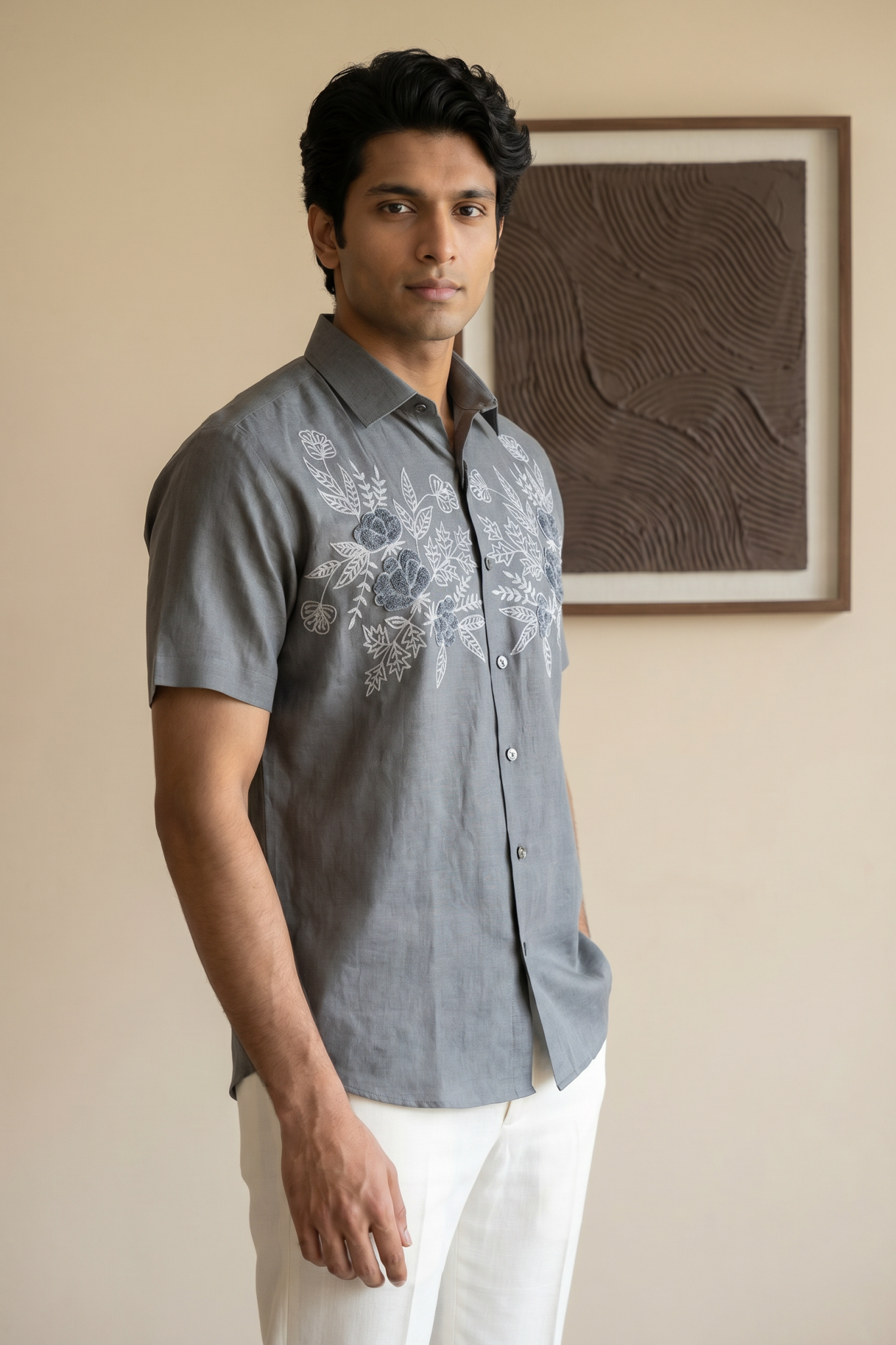 Grey Linen Shirt with Embroidered Thread Work
