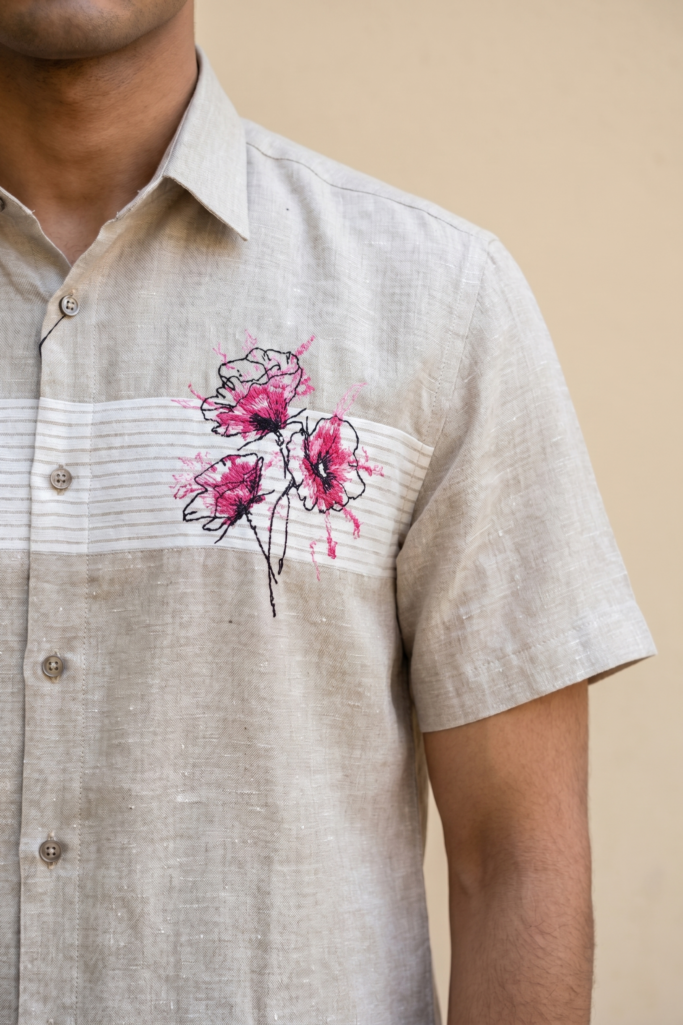 Beige Linen Shirt with Thread Embroidery