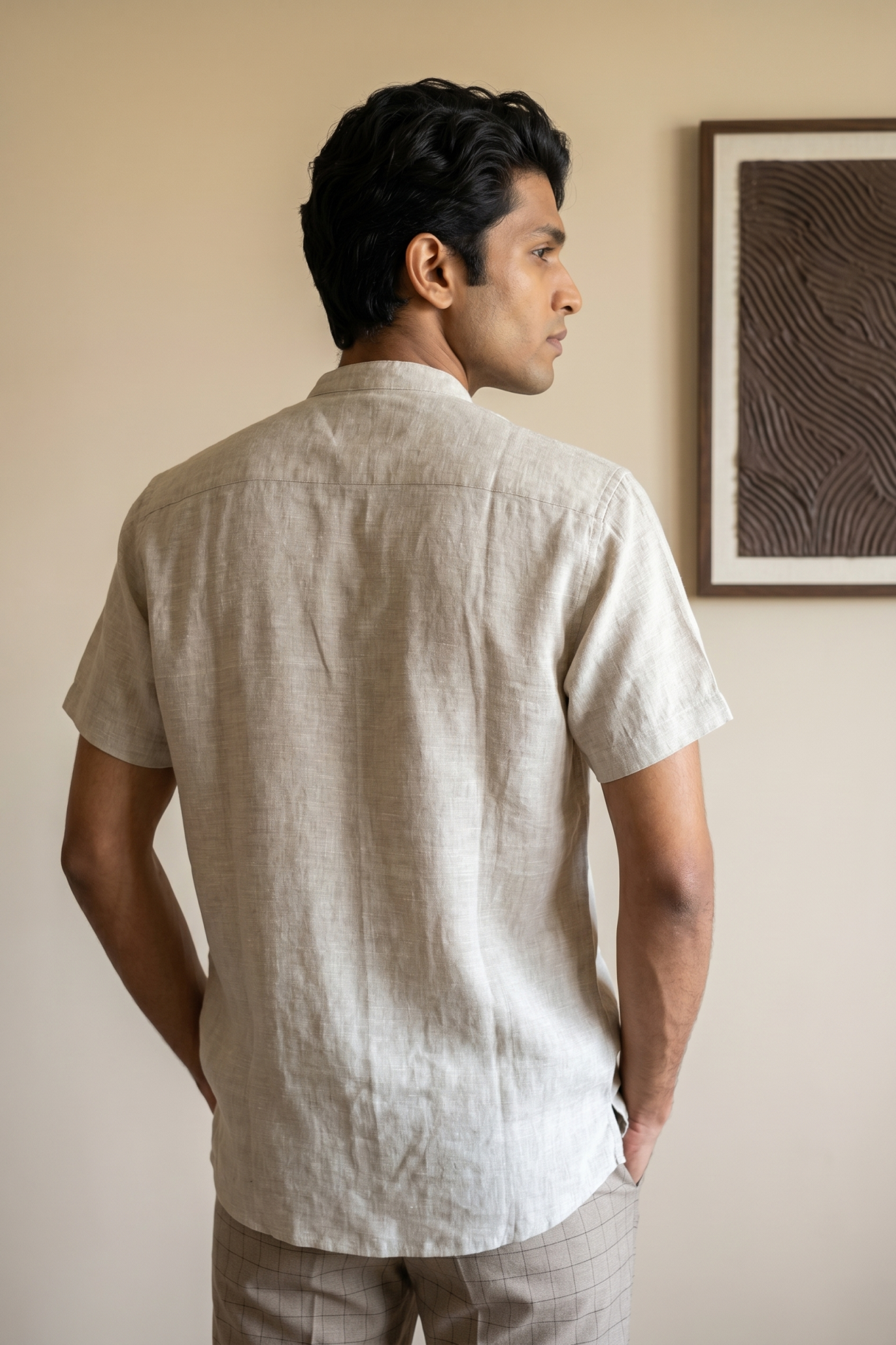 Beige Linen Shirt with Thread Embroidery