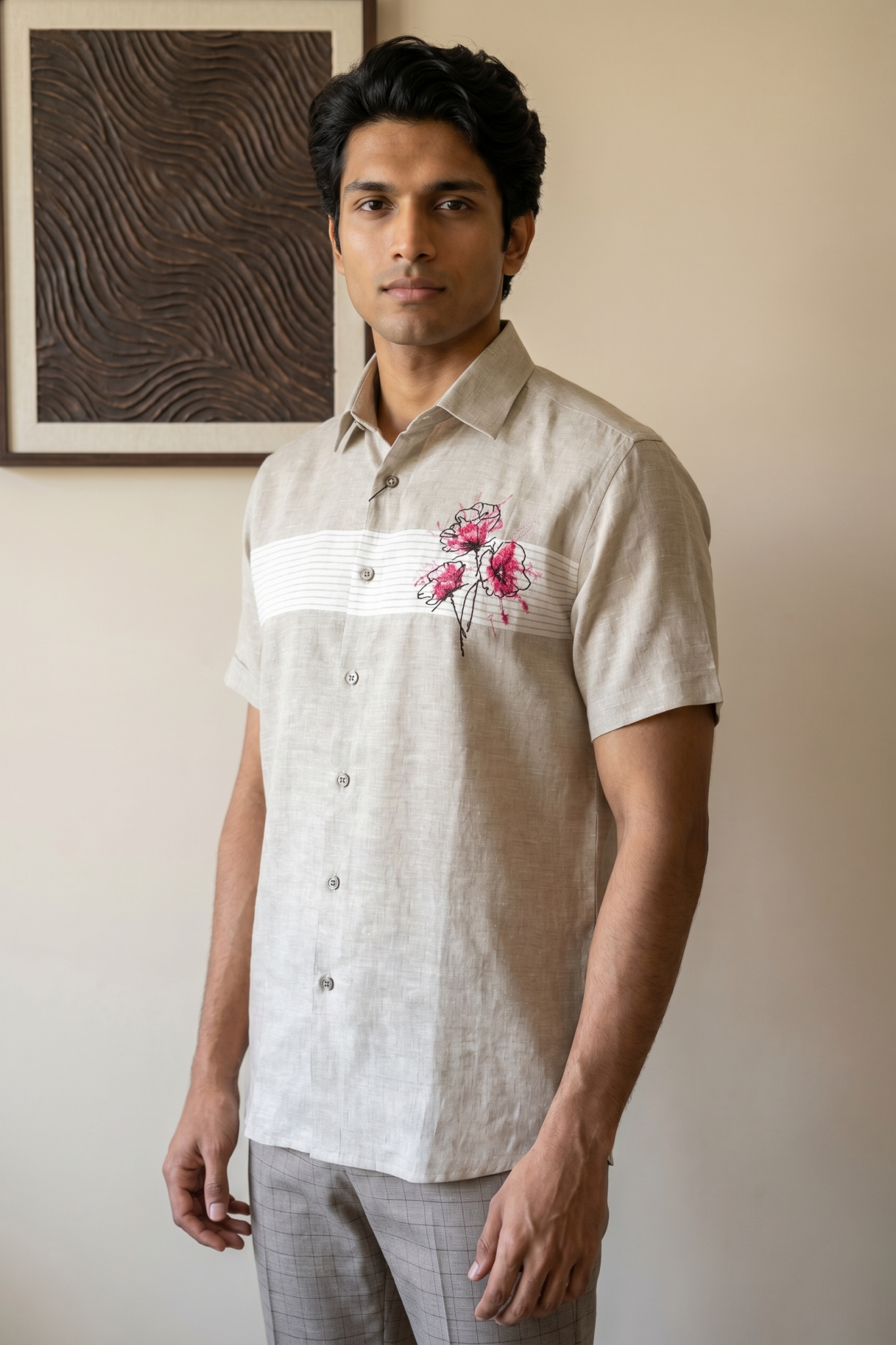 Beige Linen Shirt with Thread Embroidery