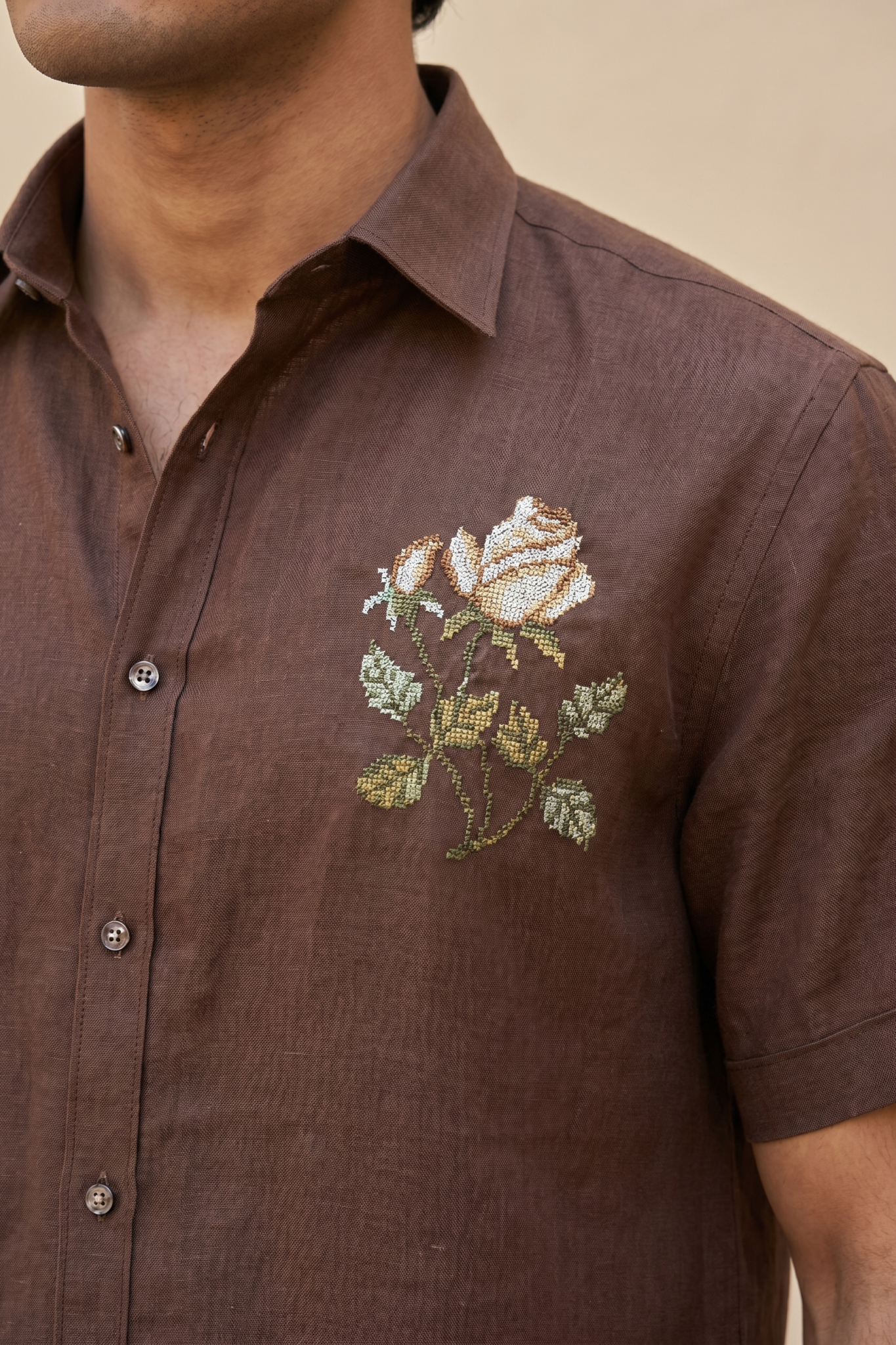 Brown Linen Shirt with Thread Work
