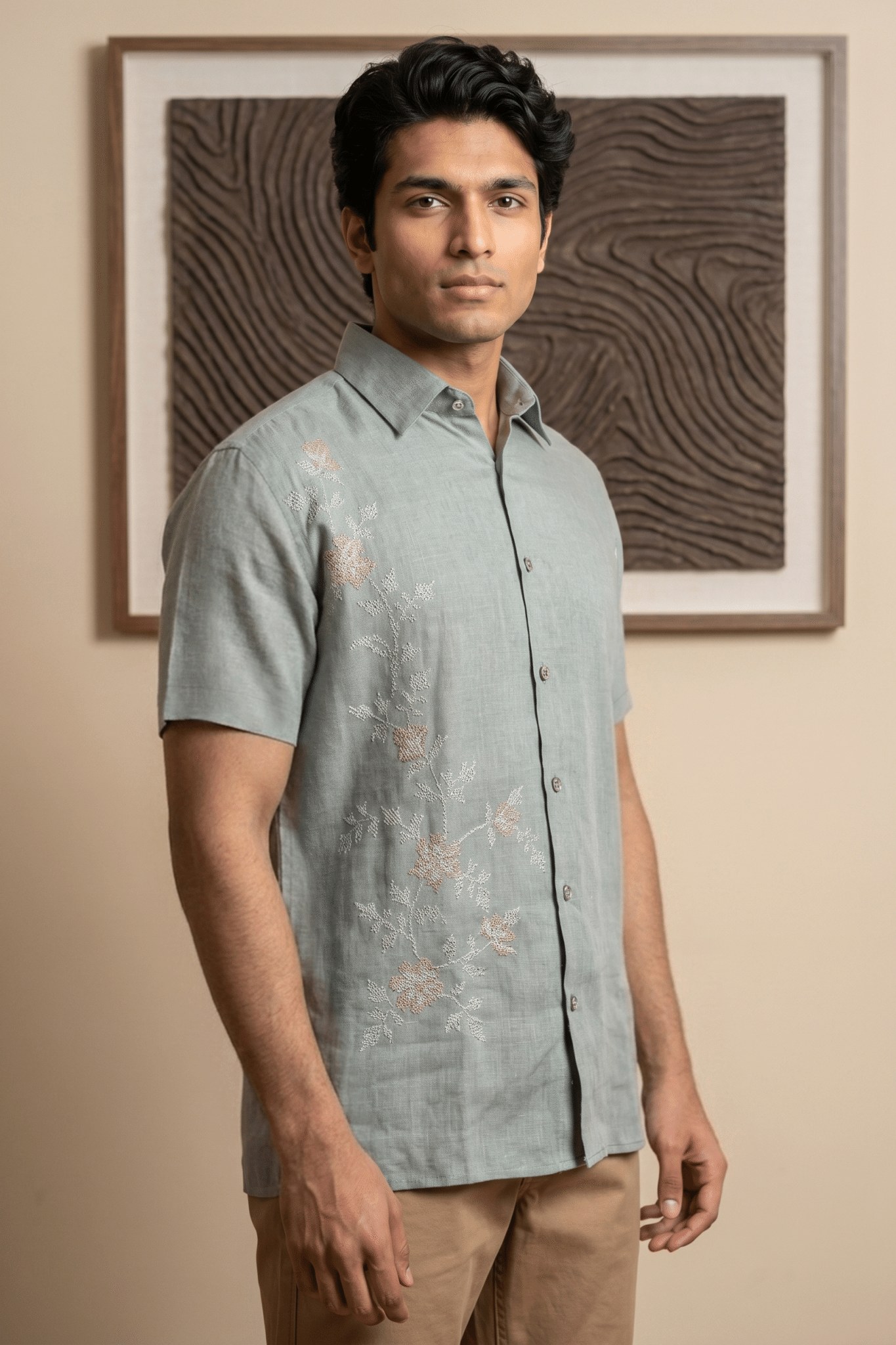 Light Grey Linen Shirt with Thread Work