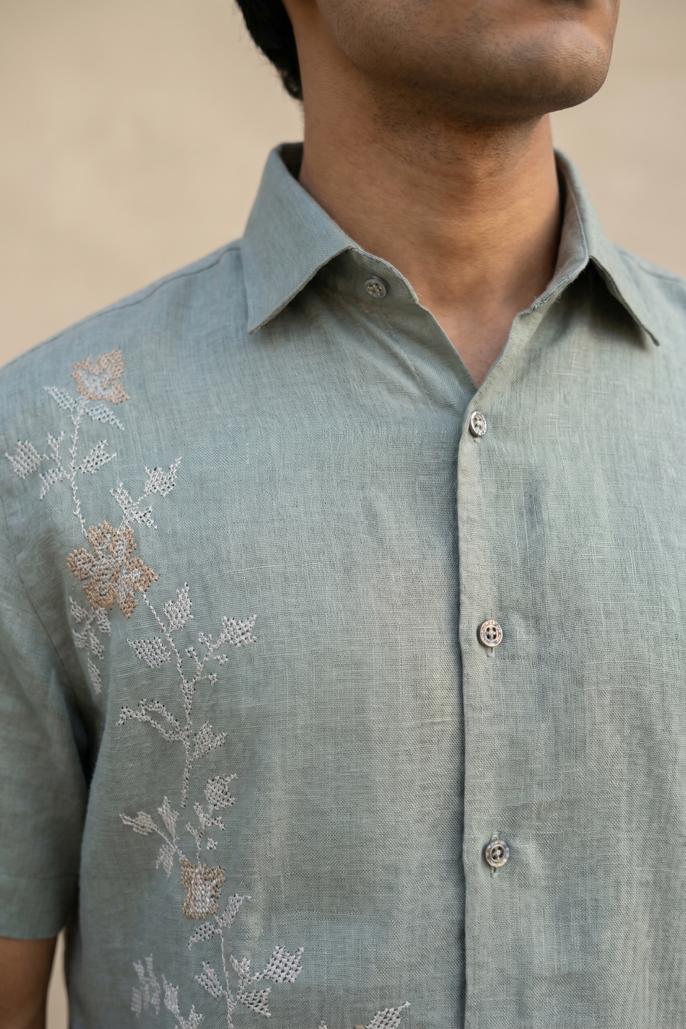Light Grey Linen Shirt with Thread Work