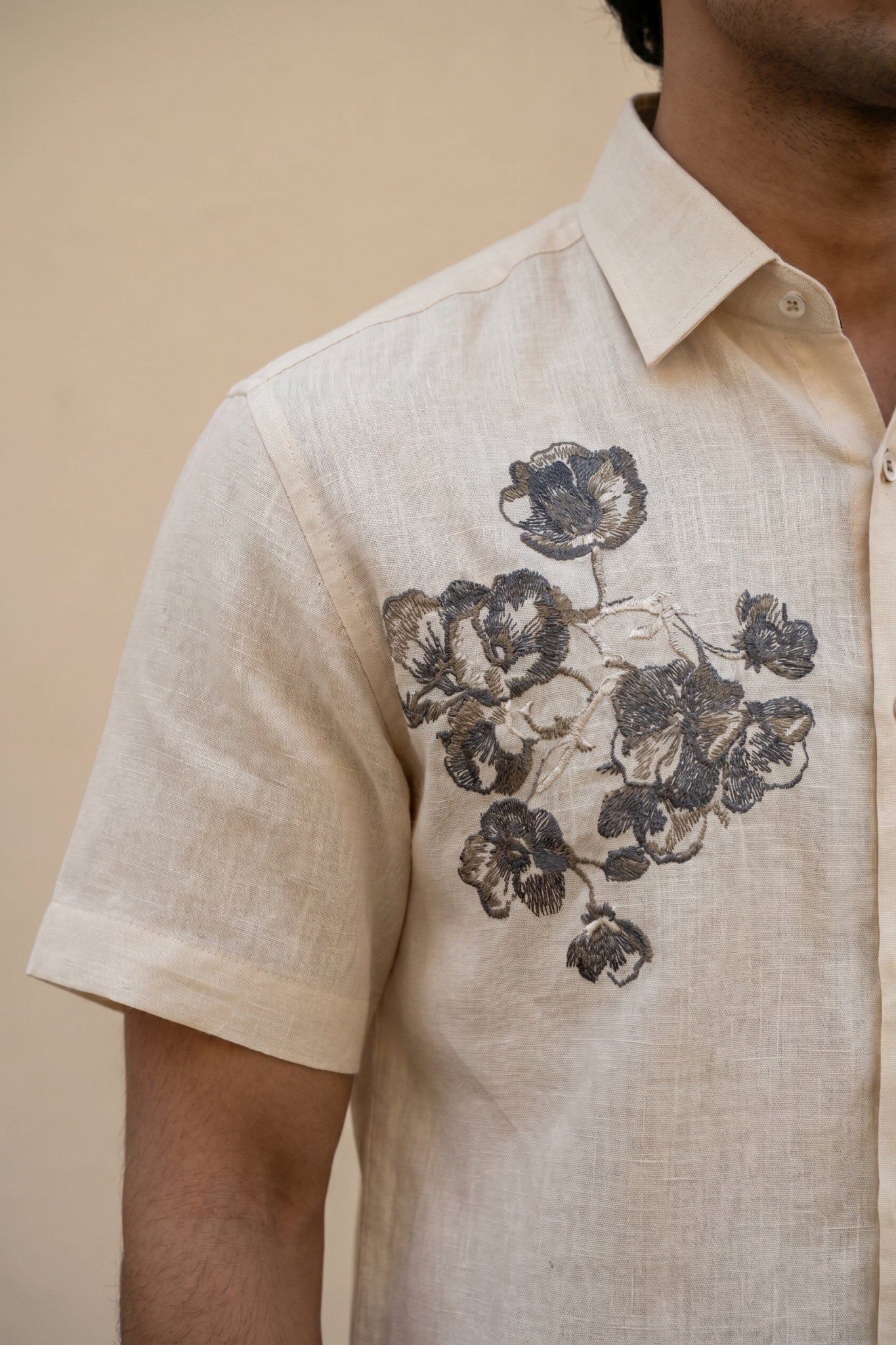 Light Yellow Linen Shirt with Thread Work
