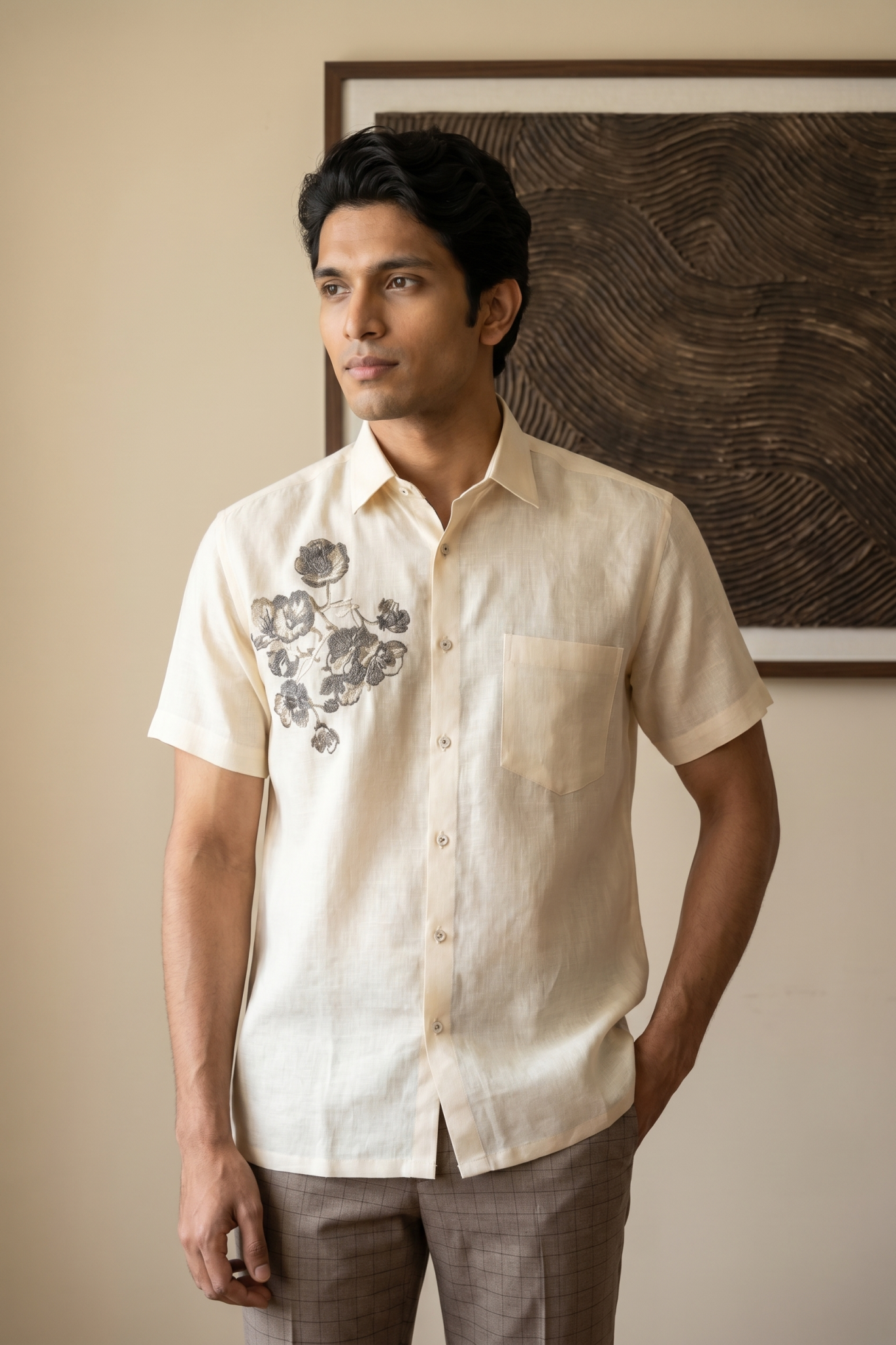 Light Yellow Linen Shirt with Thread Work