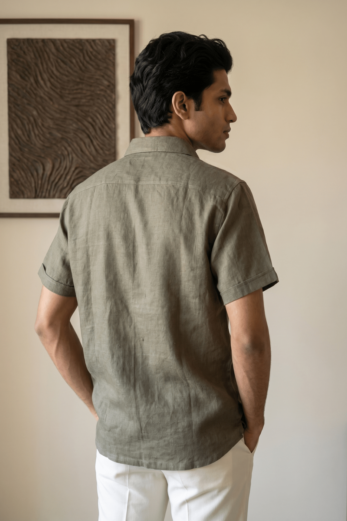 Olive Green Linen Shirt with Thread Work