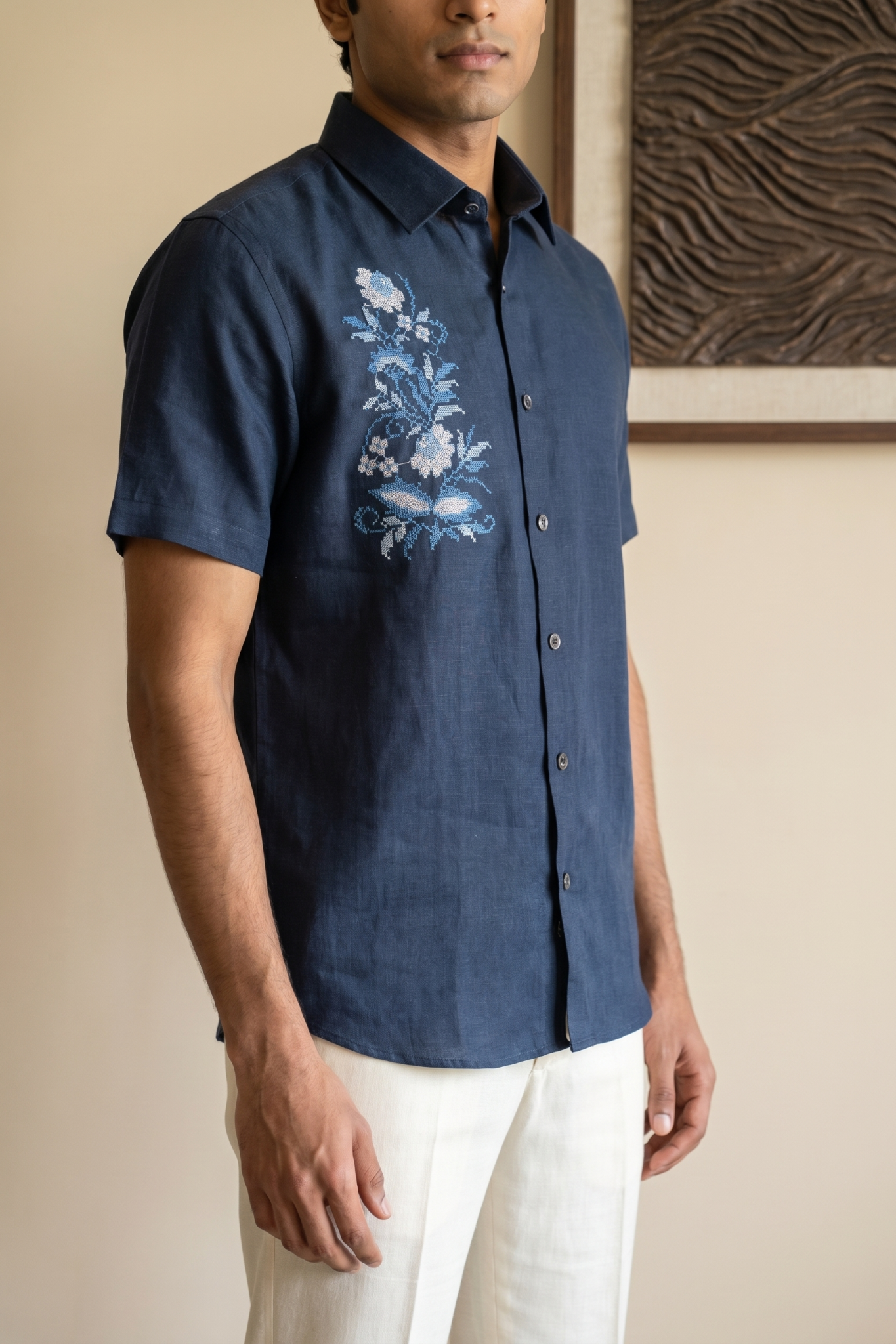 Navy Blue Linen Shirt with Thread Work