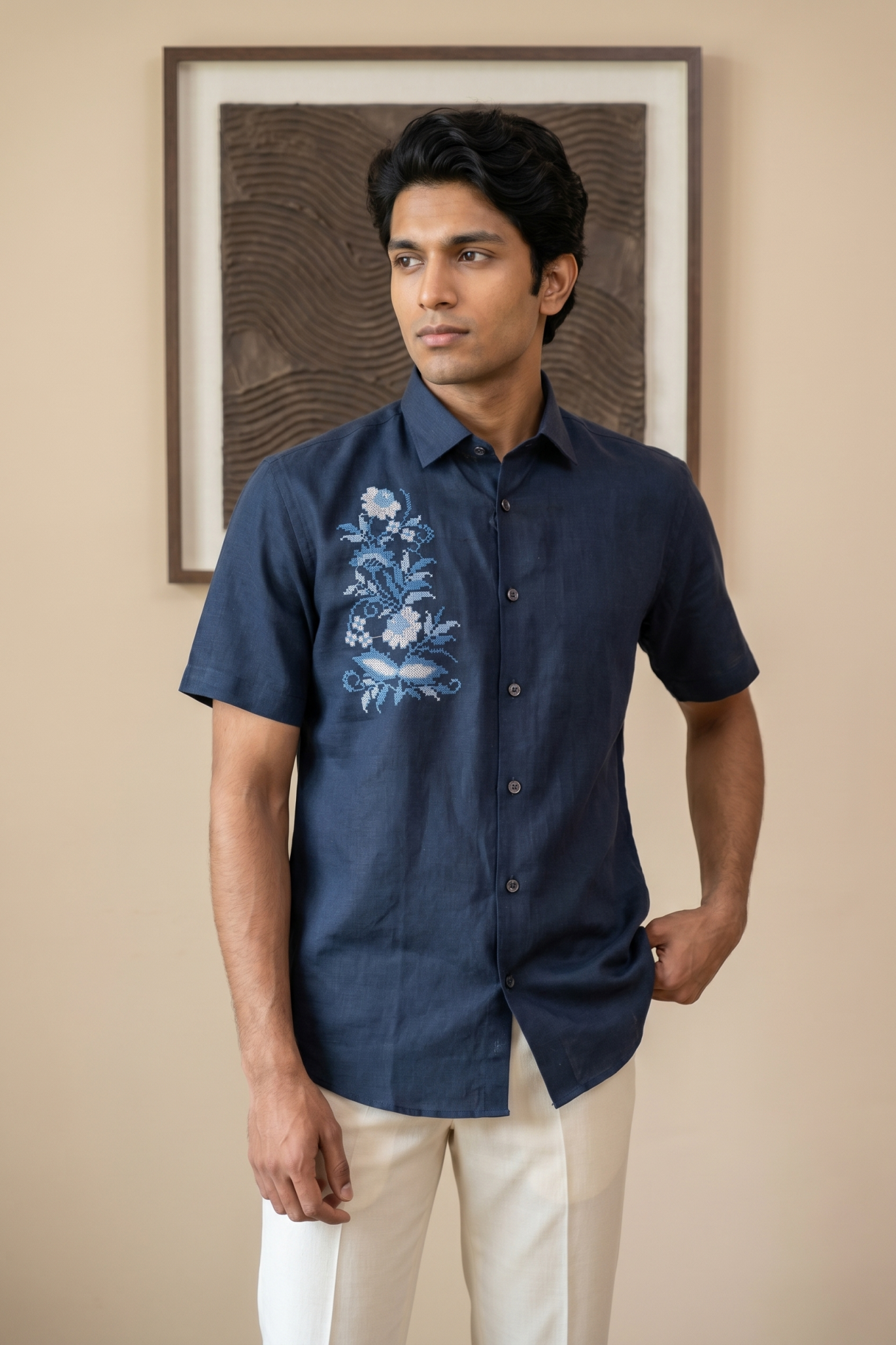 Navy Blue Linen Shirt with Thread Work