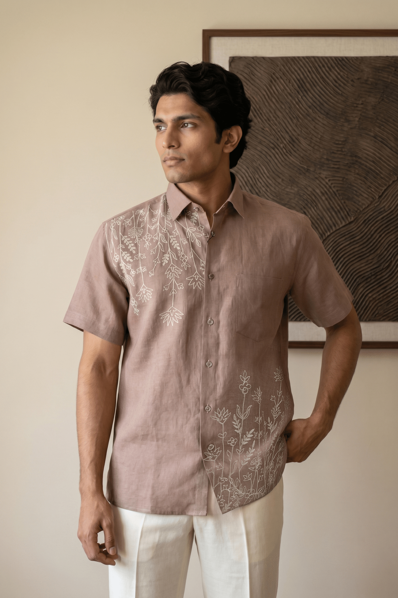 Dusty Rust Linen Shirt with Thread Work
