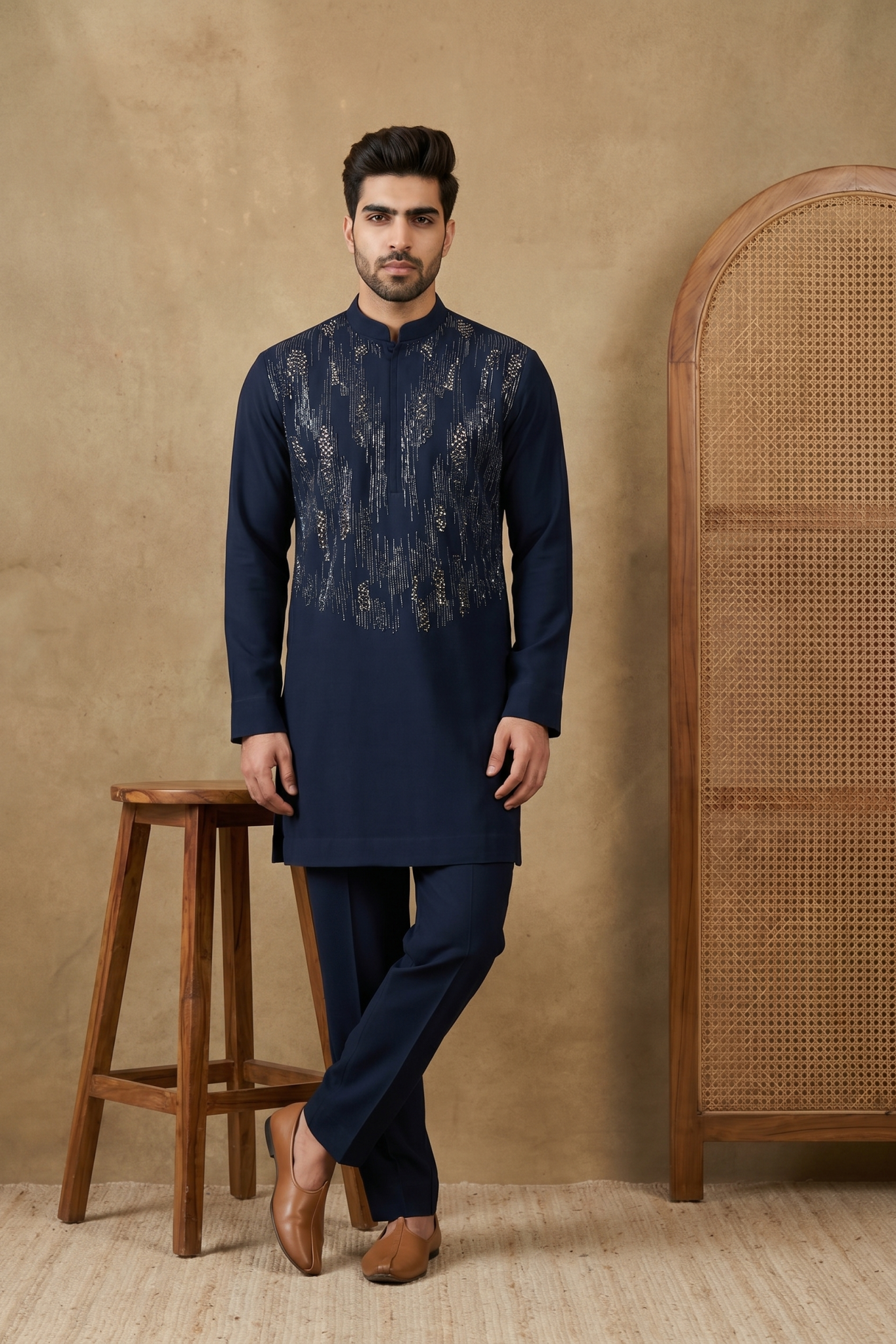 Navy Blue Bom Mario Kurta Set with Cutdana, Beads & Sequin Work