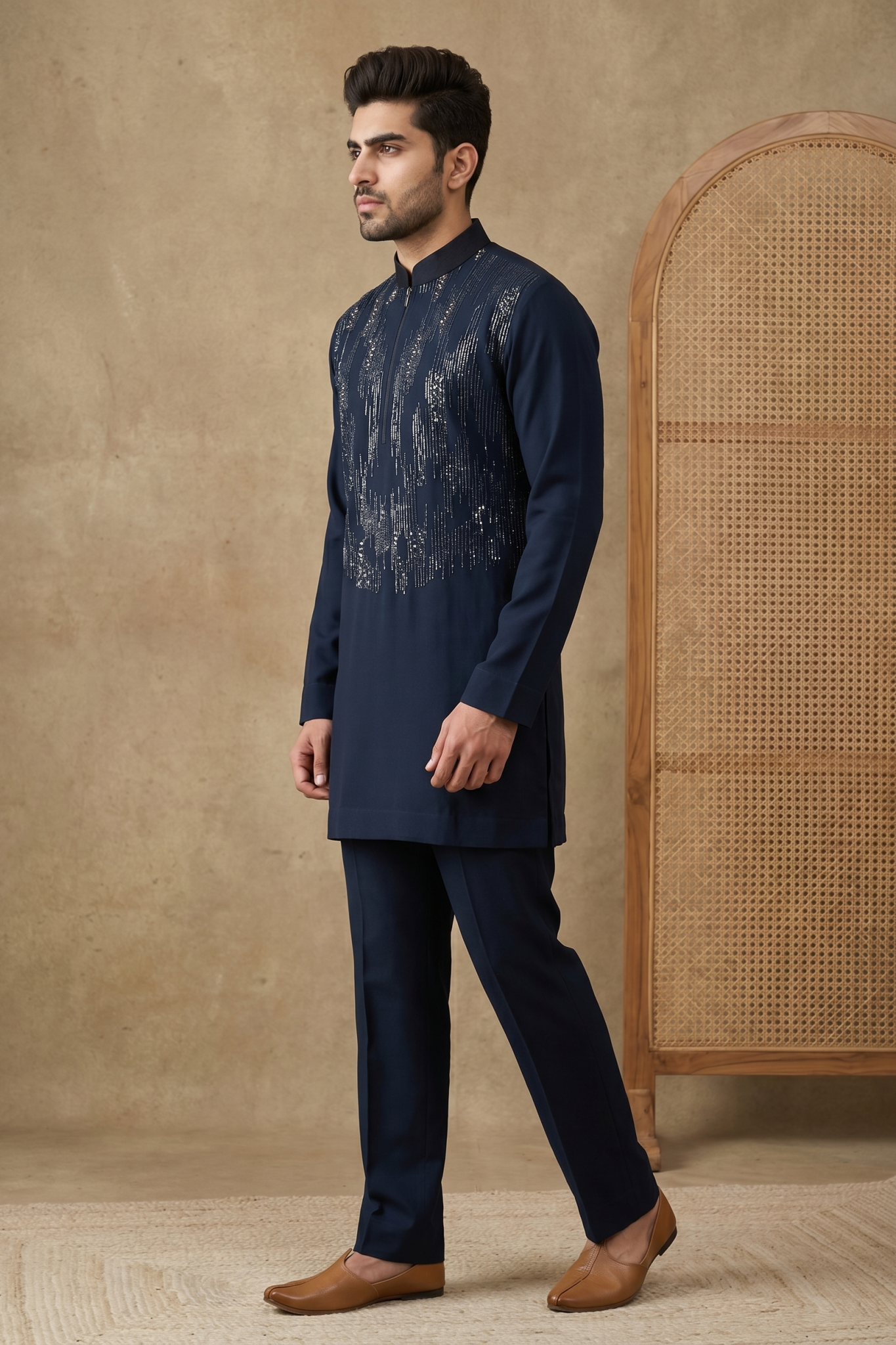 Navy Blue Bom Mario Kurta Set with Cutdana, Beads & Sequin Work
