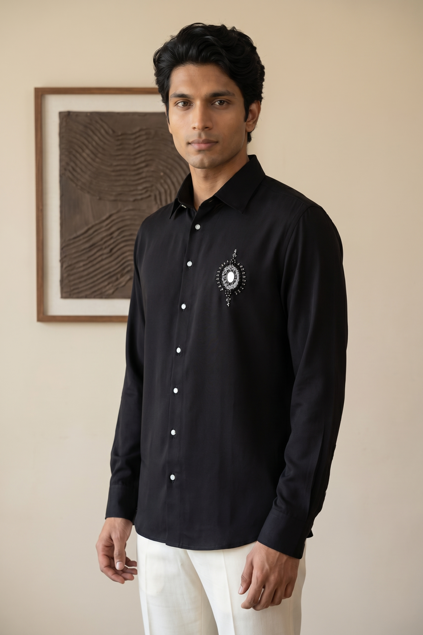 Black Bom Mario Shirt with Cutdana & Bead Work