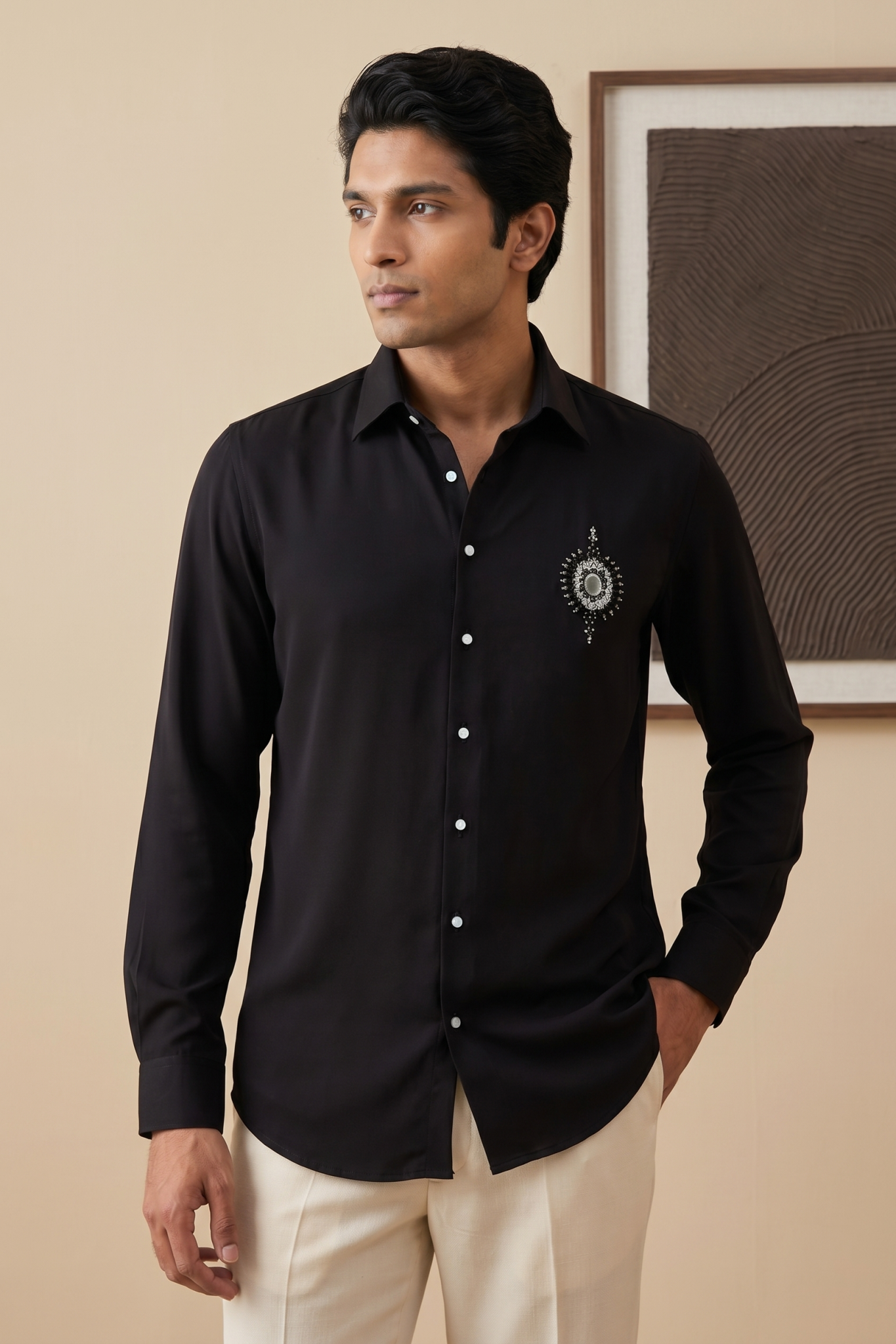 Black Bom Mario Shirt with Cutdana & Bead Work