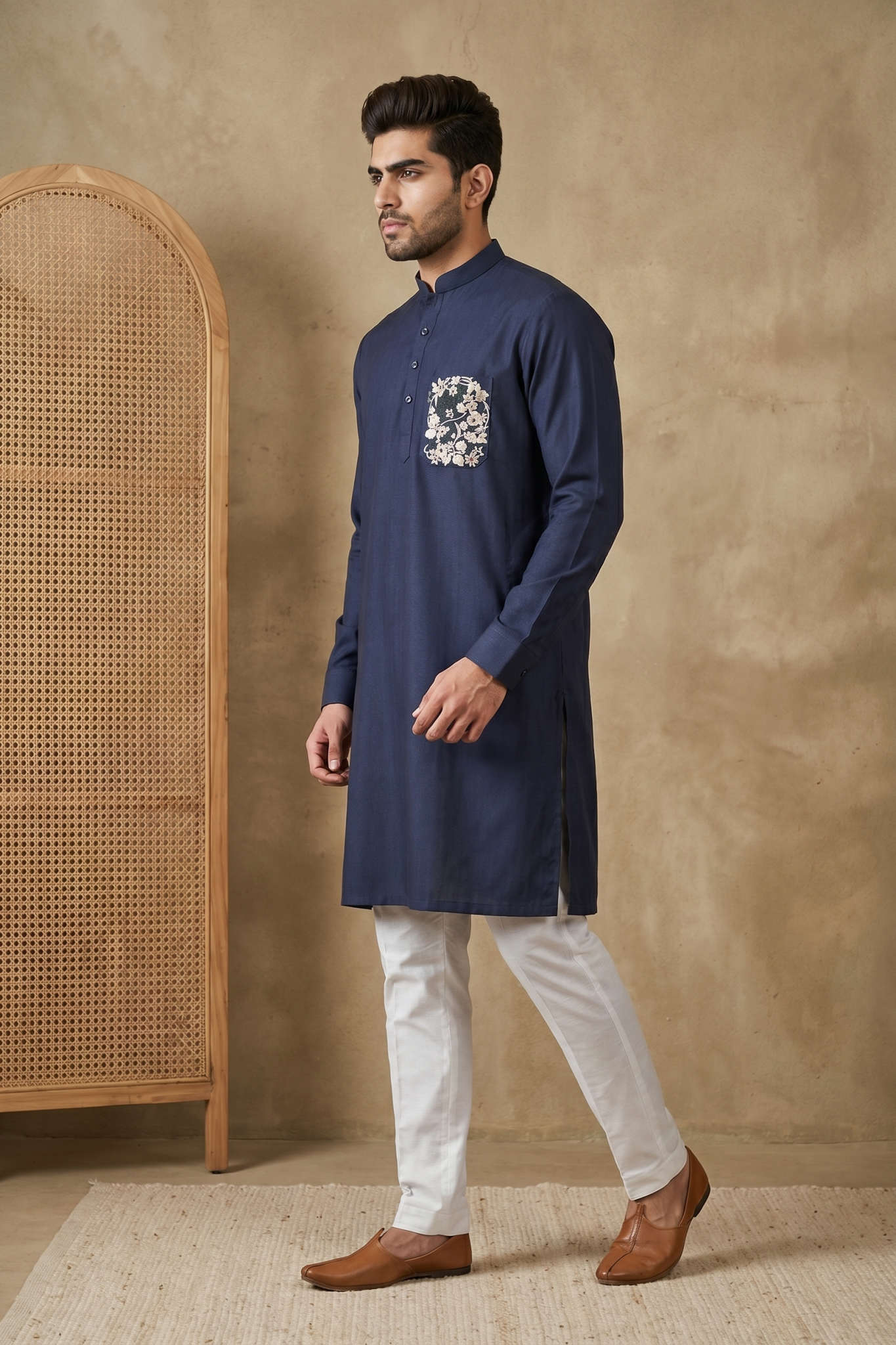Light Blue Linen Kurta Set with Thread Work