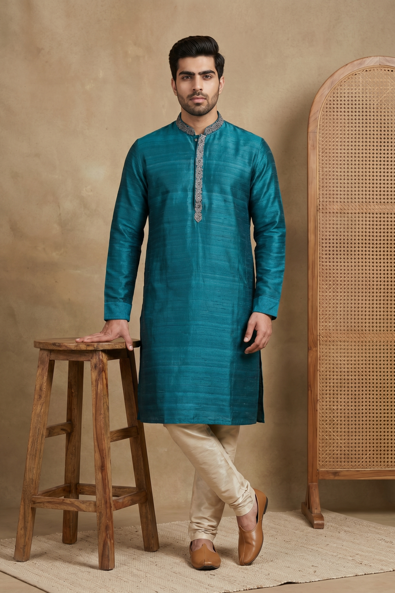 Peacock Blue Raw Silk Kurta Set with Thread Work