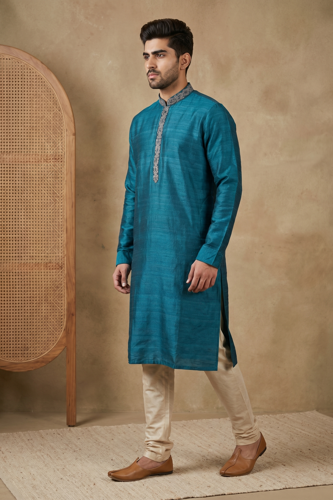 Peacock Blue Raw Silk Kurta Set with Thread Work
