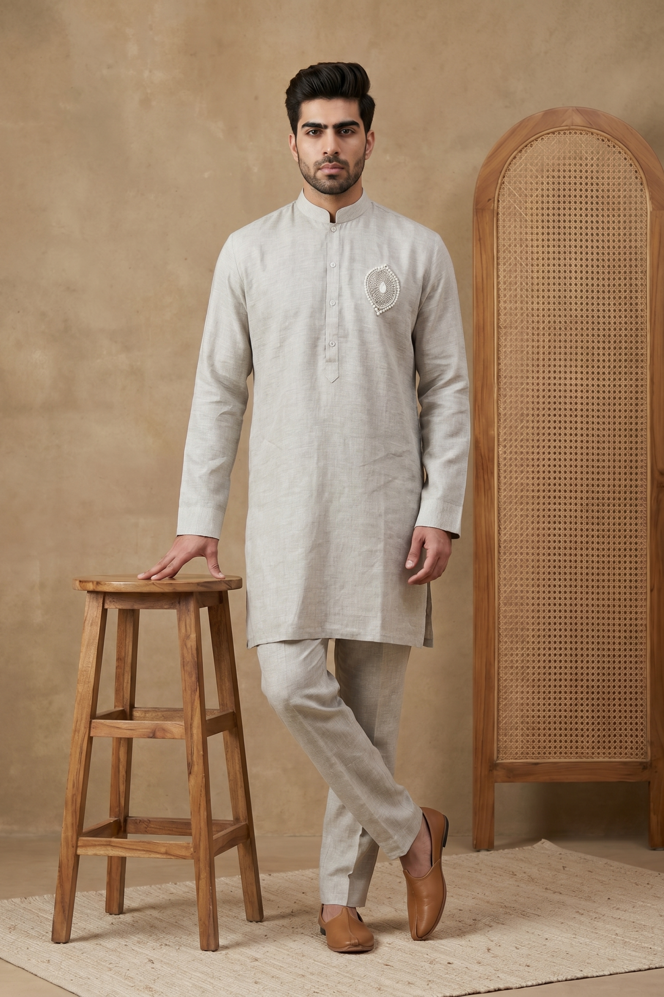 Cream Linen Kurta Set with French Knot & Pearl Work