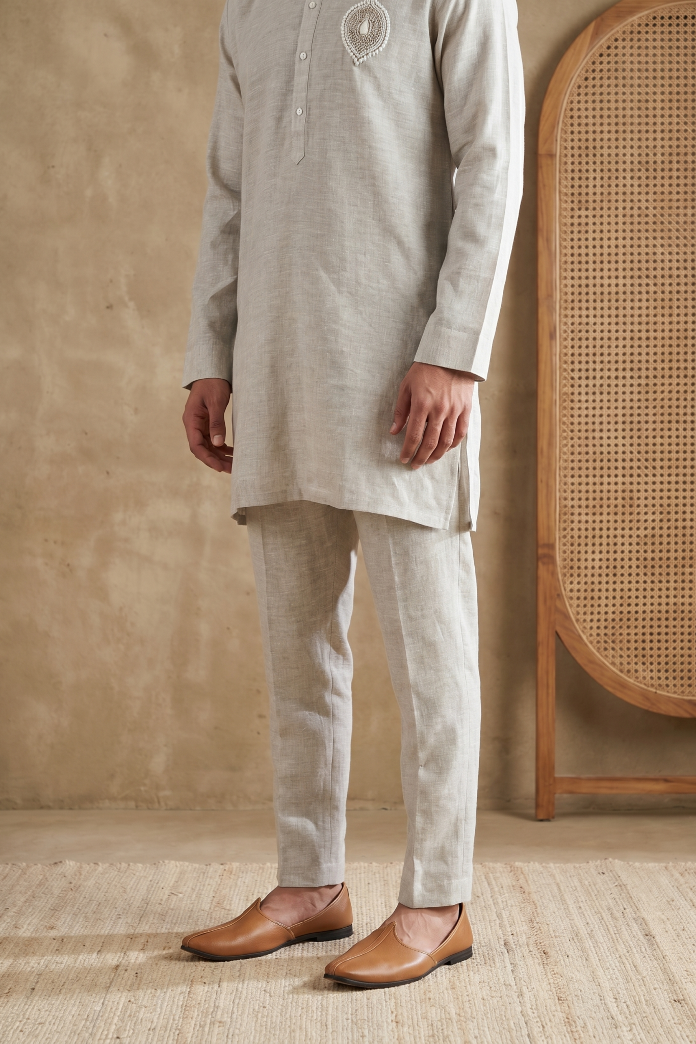 Cream Linen Kurta Set with French Knot & Pearl Work