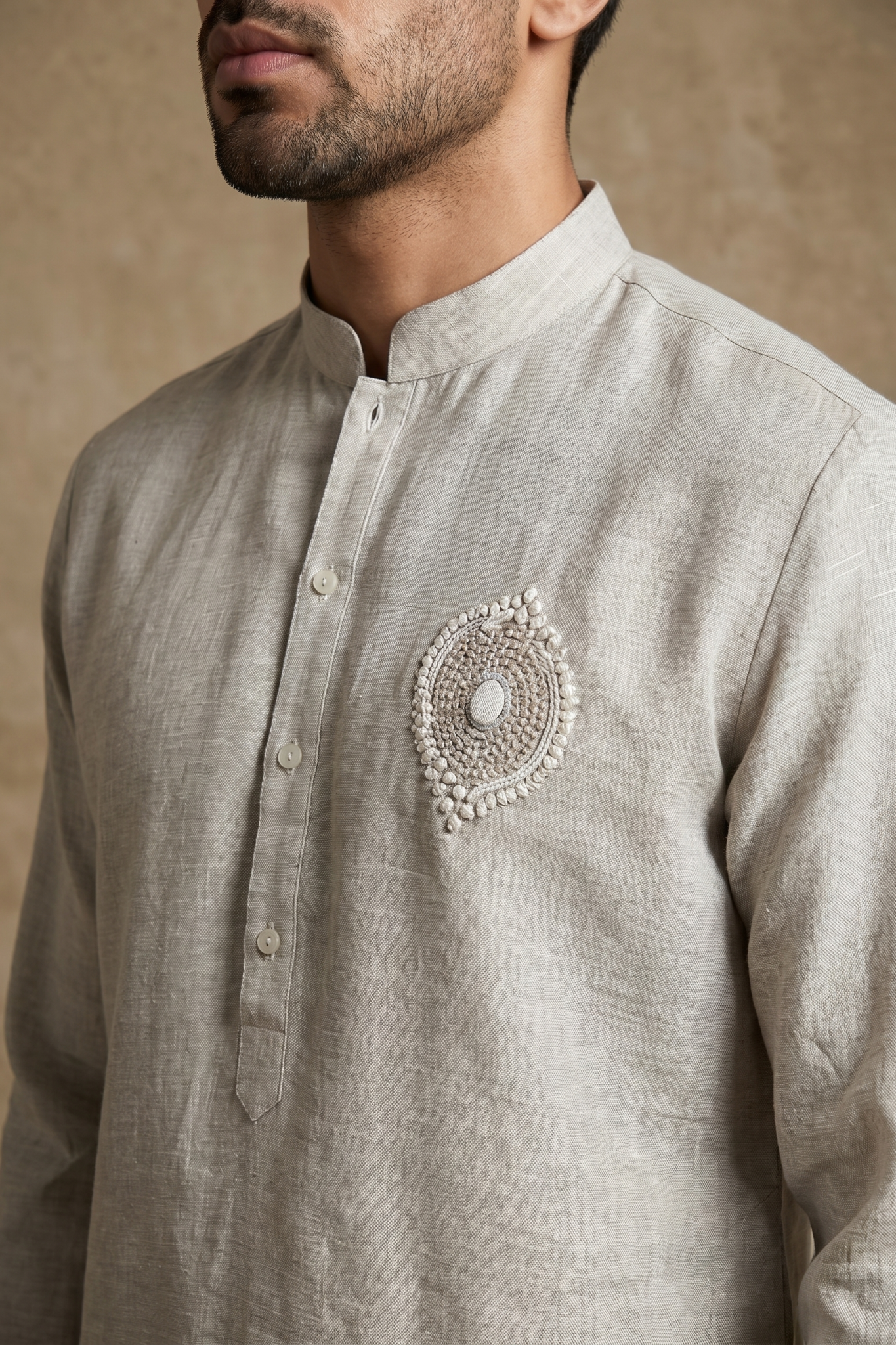 Cream Linen Kurta Set with French Knot & Pearl Work