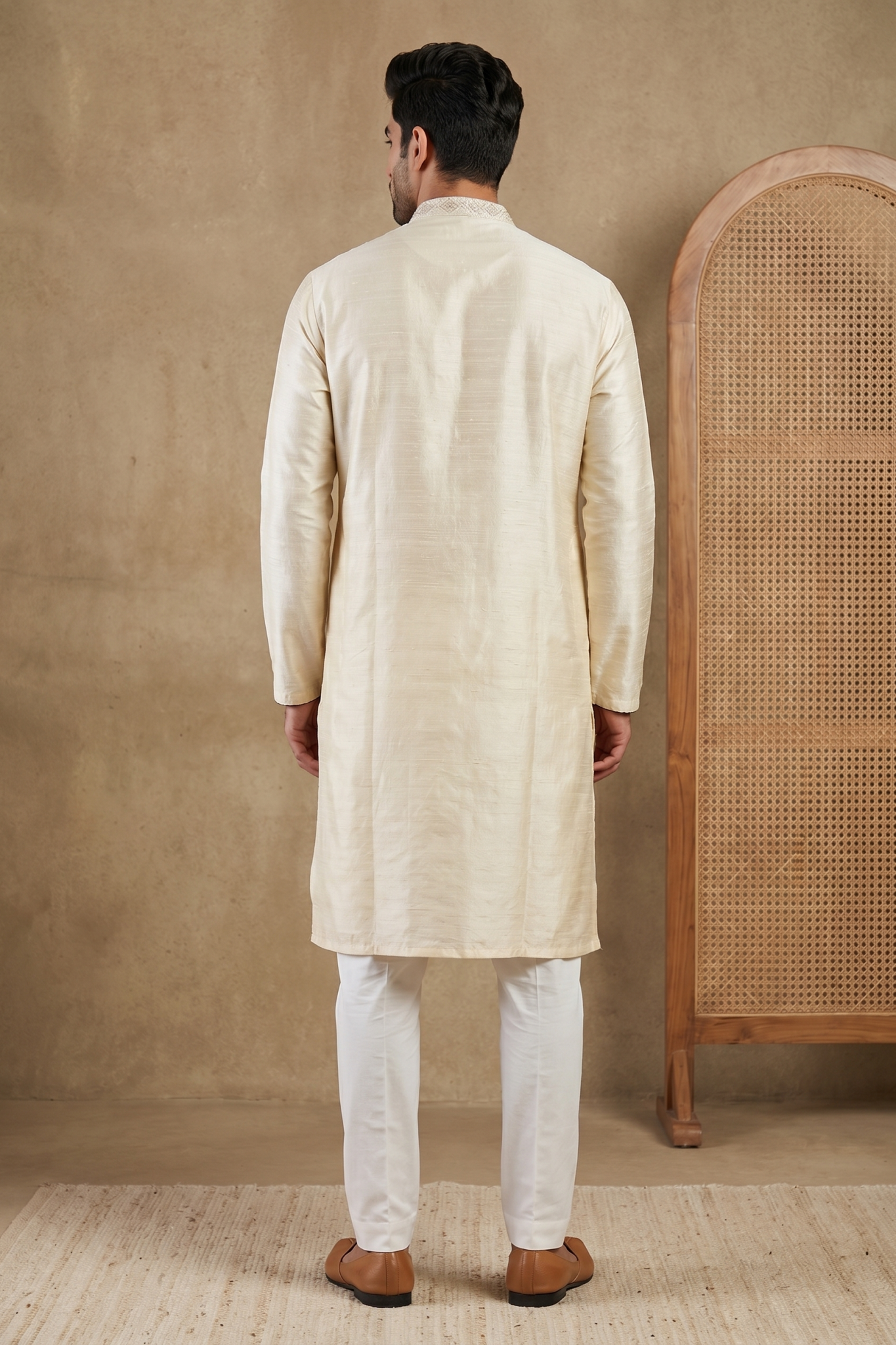 Cream Raw Silk Kurta Set with Thread Work