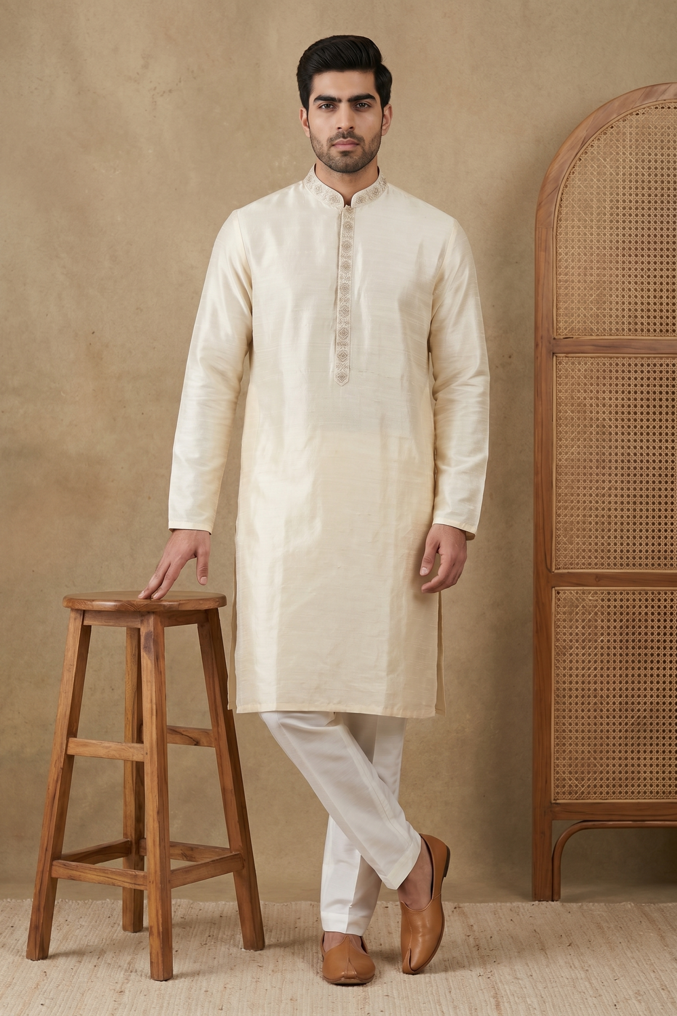 Cream Raw Silk Kurta Set with Thread Work