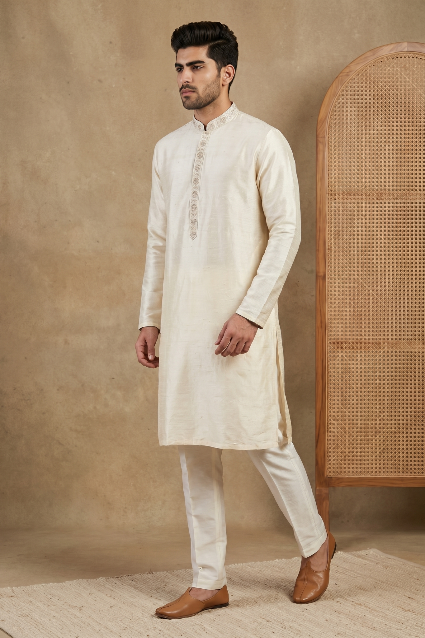 Cream Raw Silk Kurta Set with Thread Work