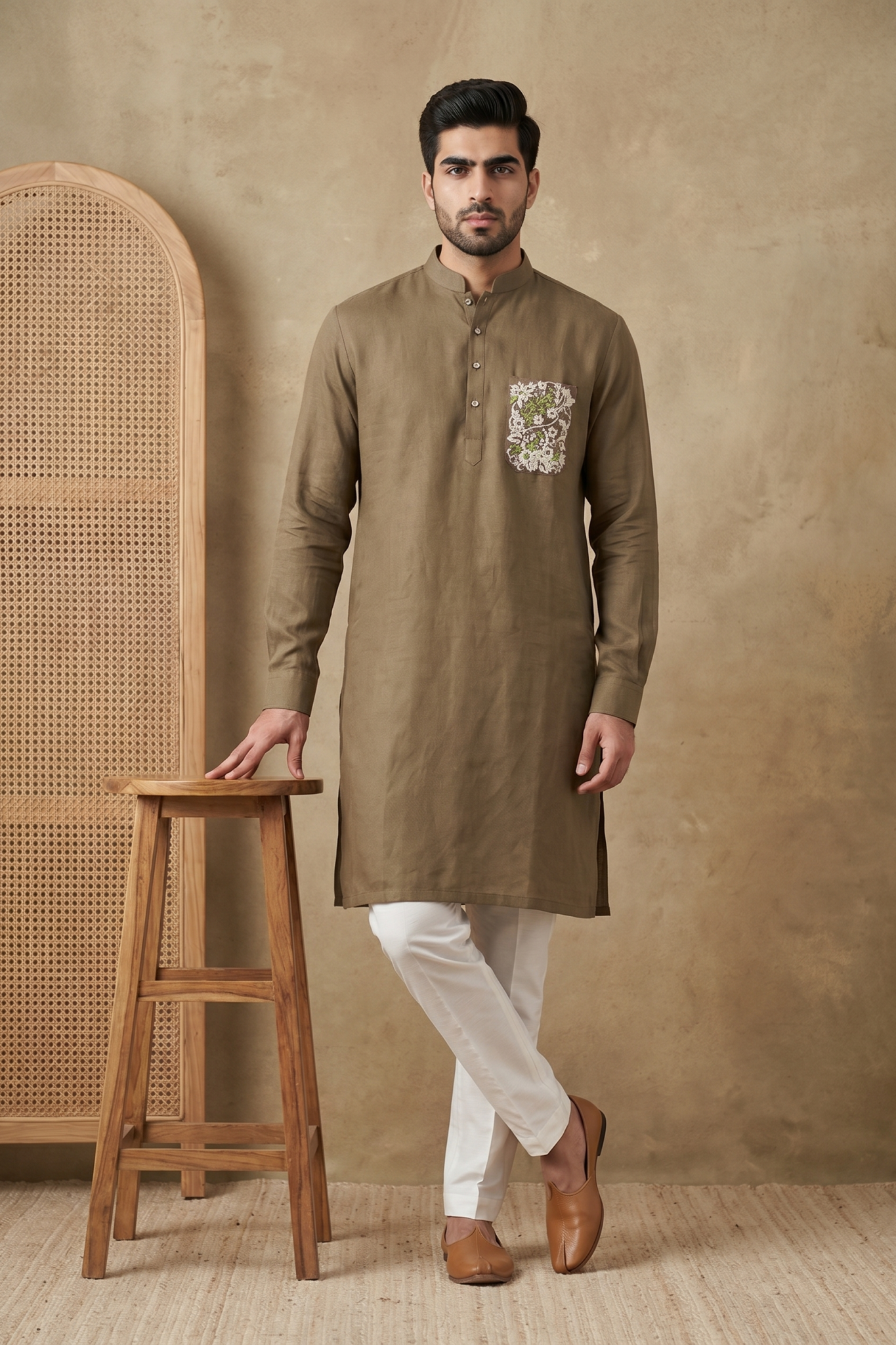 Light Brown Linen Kurta Set with Thread Work