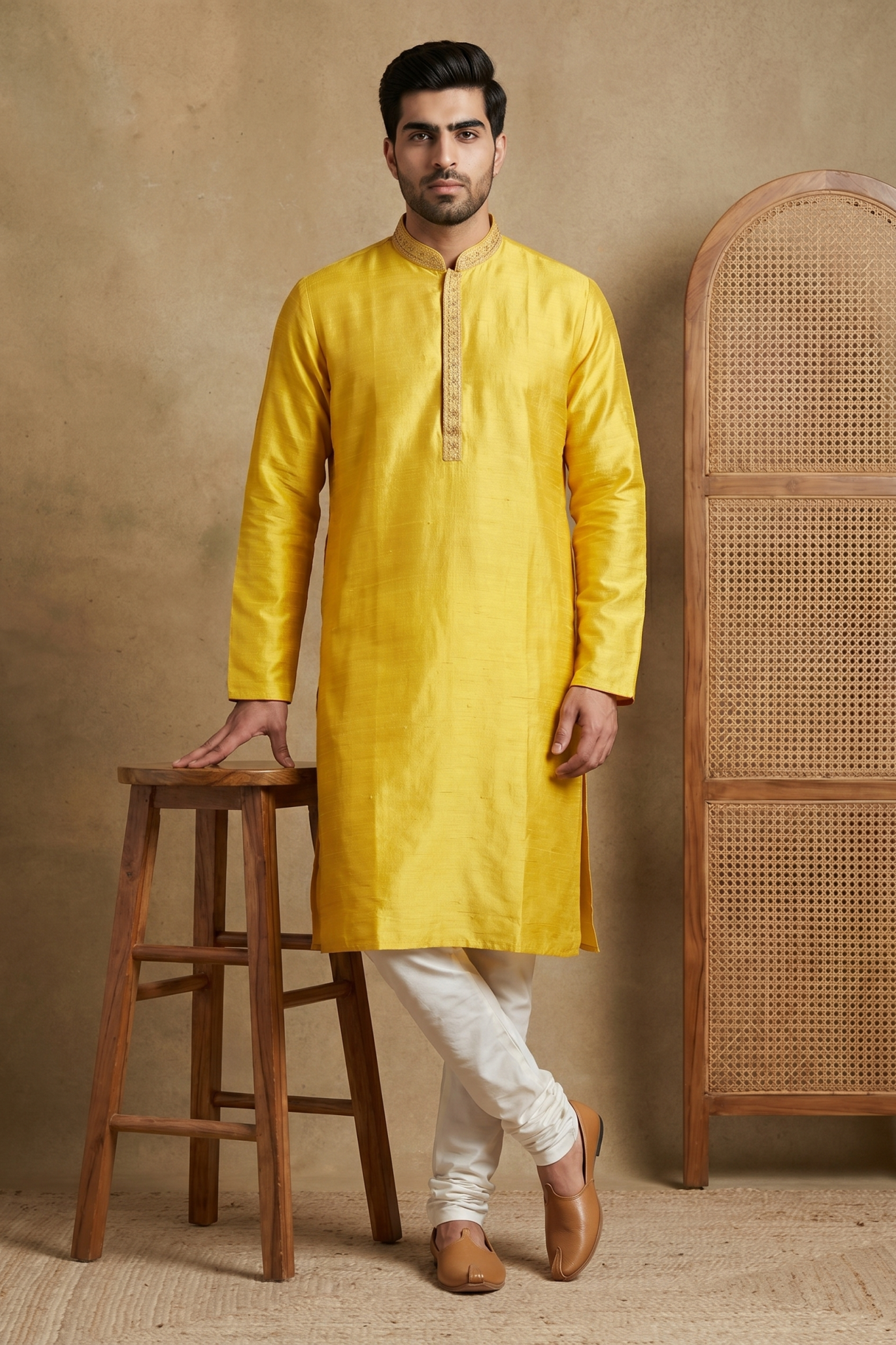Yellow Raw Silk Kurta Set with Thread Work