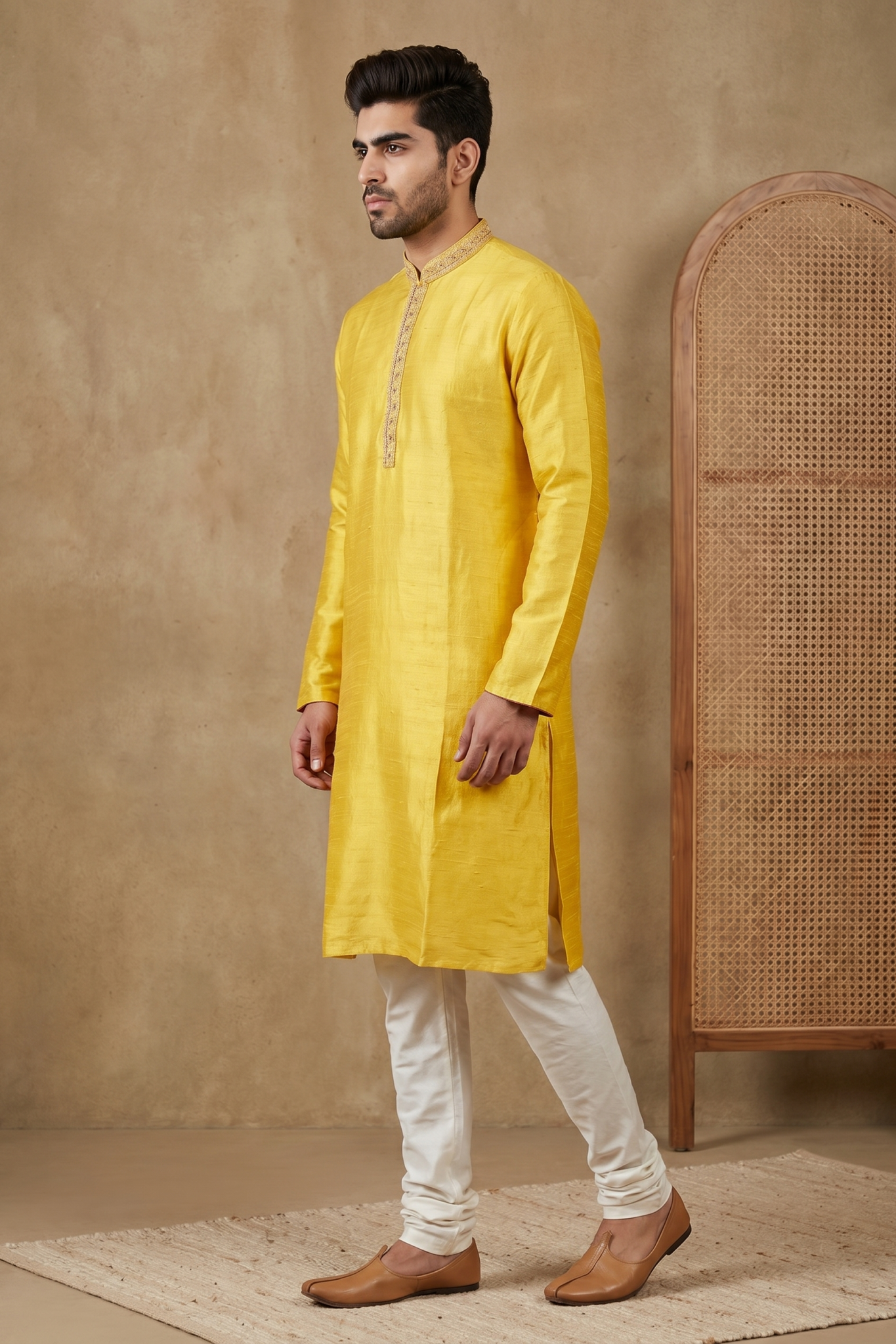 Yellow Raw Silk Kurta Set with Thread Work